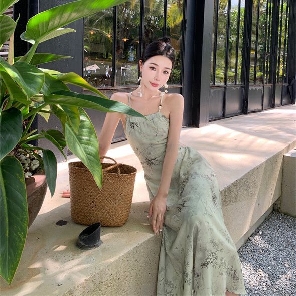 2025 New Chinese Ink Print Maxi Dress - Elegant Zen National Style Women's Long Dress with Waist Tie & Suspenders | Perfect for Boho Festivals, Date Nights & Special Occasions