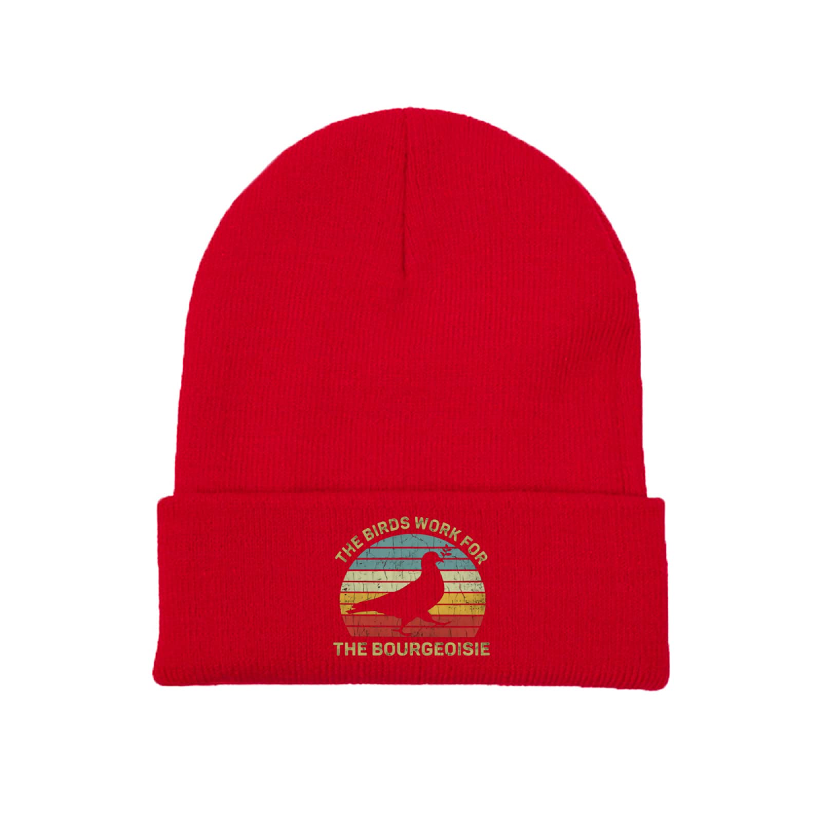 Funny Conspiracy Theory Beanie - 'Birds Work for The Bourgeoisie' Red Knit Skull Cap for Men, Women & Kids | Unisex Cuffed Winter Hat for Outdoor Activities, Streetwear & Gift Giving