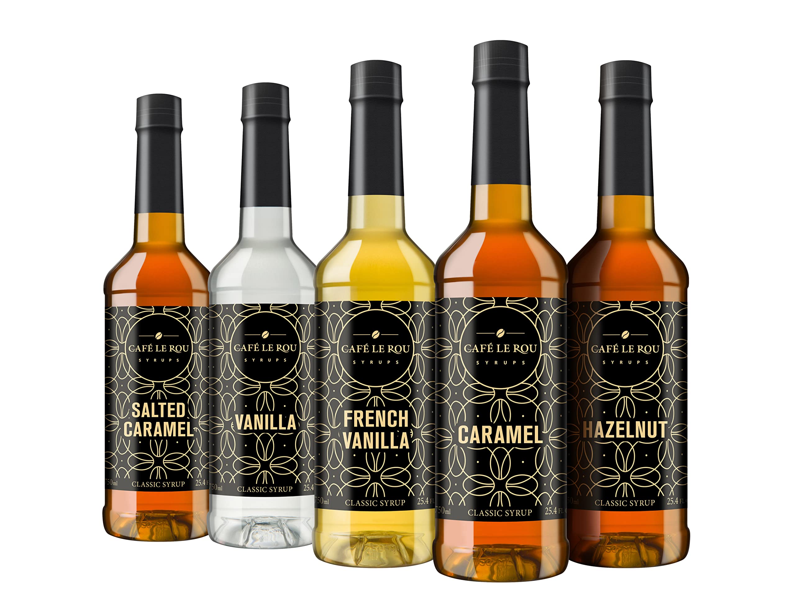 **Premium Café Le Rou Coffee Syrup Variety 5-Pack (25.4 oz) - Vanilla, French Vanilla, Caramel, Salted Caramel & Hazelnut Flavoring Syrups for Coffee, Tea, Espresso & Desserts - Perfect for Home, Café & Office Use**