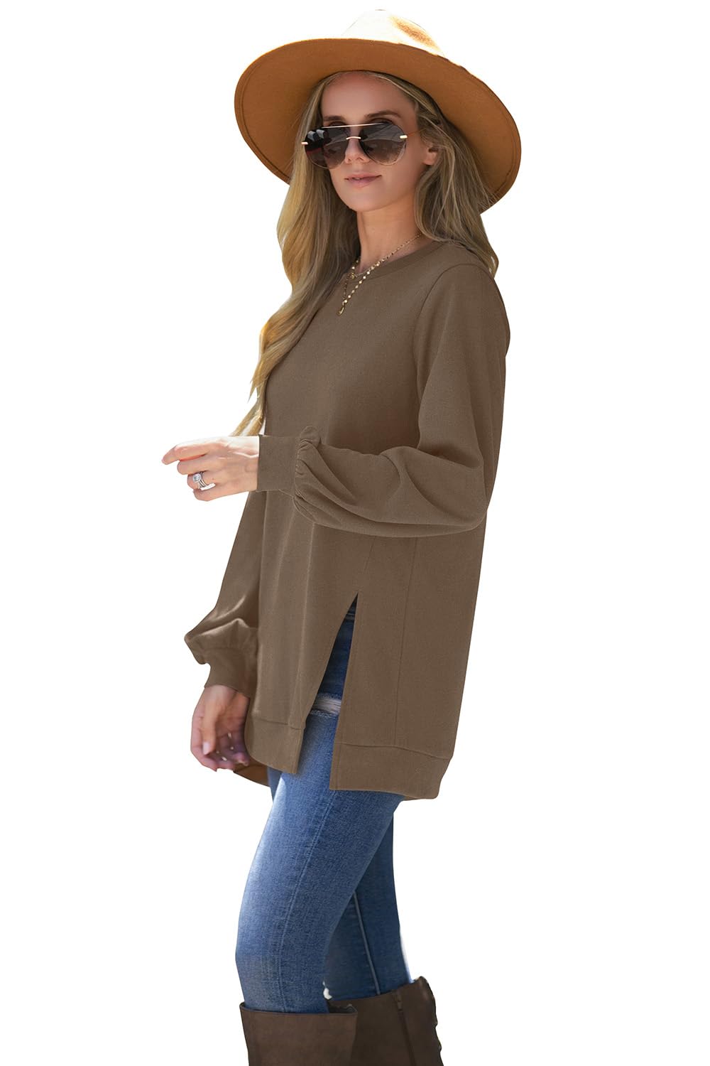 WIHOLL Women's Casual Sweatshirt - Crew Neck, Balloon Sleeve & Split Hem Tunic Top for Fall/Winter | Perfect for Office, Date Night & Weekend Outfits