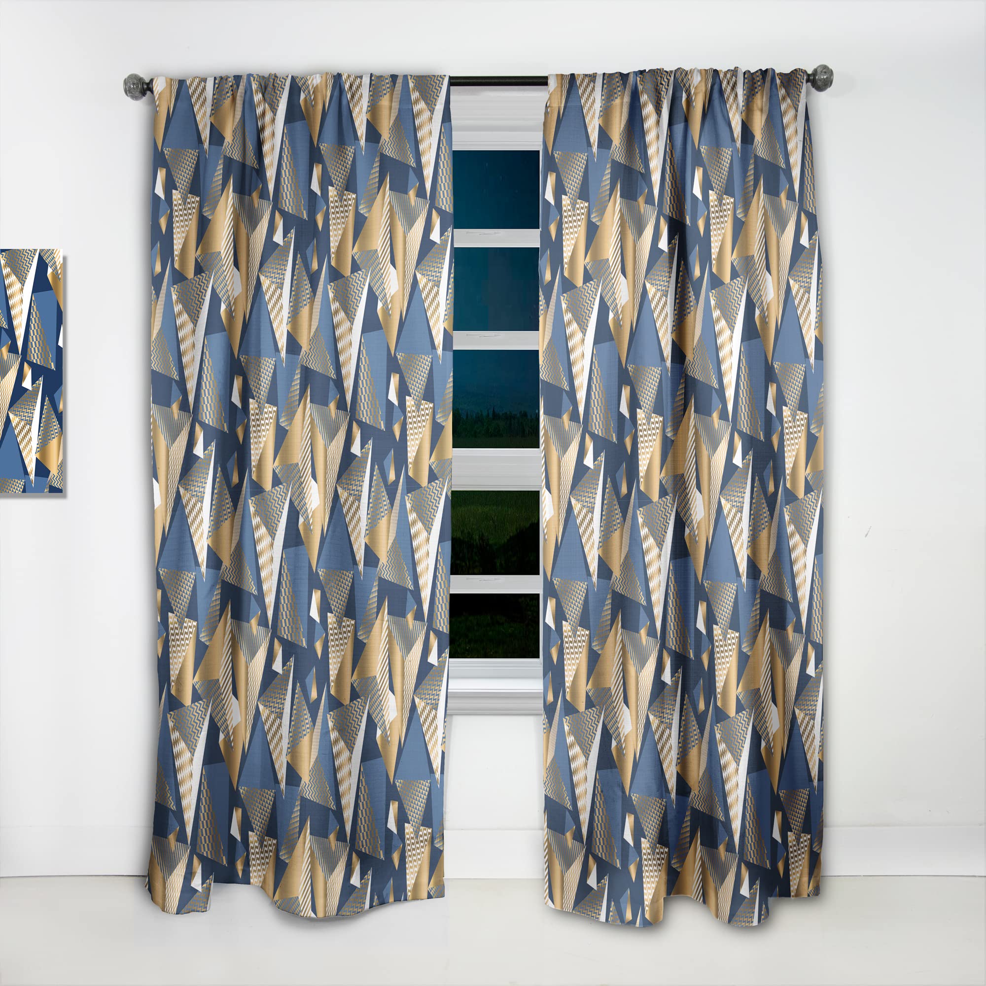 DesignQ Gold & Blue Geometric Cube Pattern Blackout Curtains - Thermal Insulated Single Panel (52x84 inches) for Bedroom & Living Room - Noise Reducing & Energy Saving Window Drapes for Home Decor