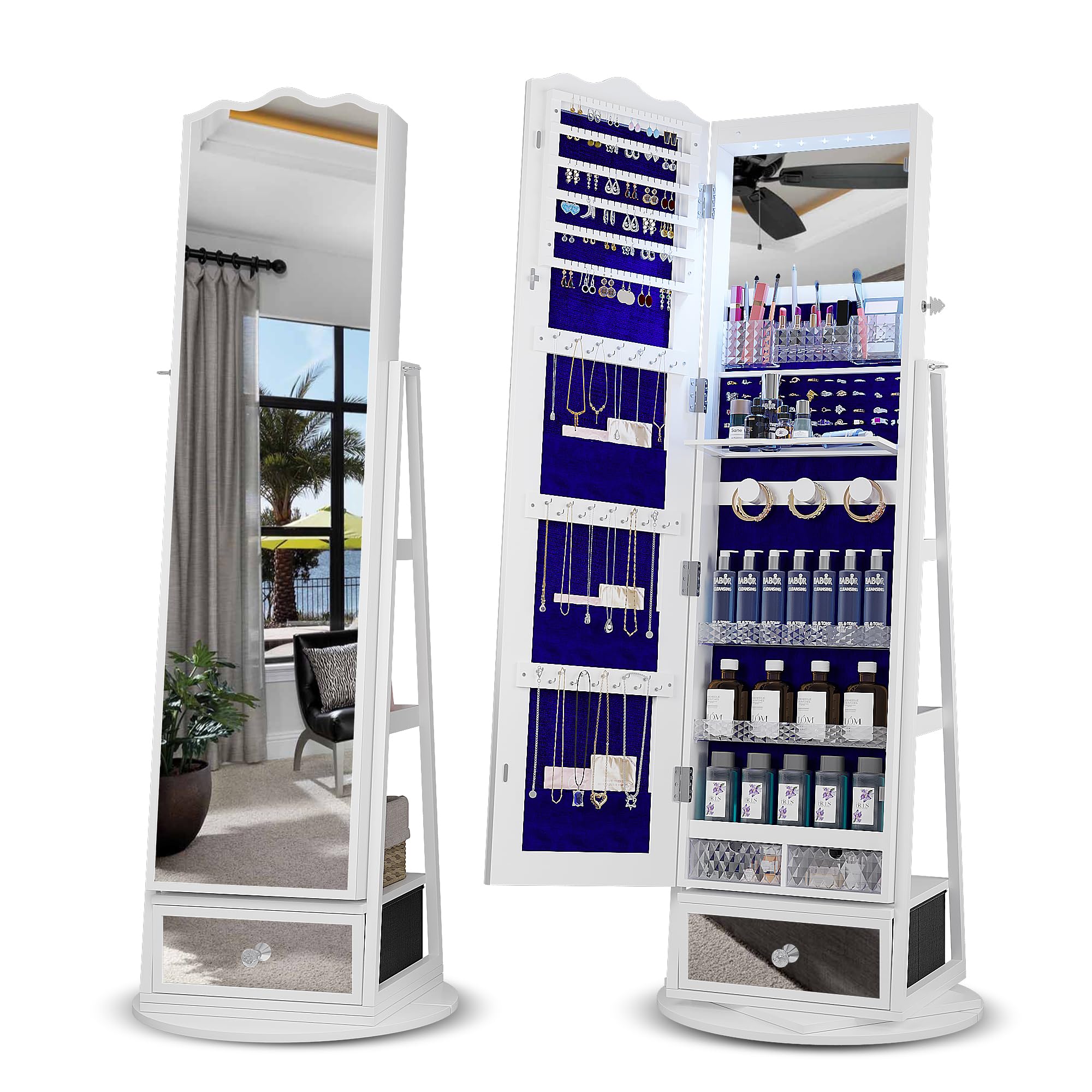 360° Rotating Jewelry Armoire with Full Length Mirror - Large Capacity Jewelry Organizer with LED Lights & Lock - Floor Standing Mirror with Storage Shelves for Necklaces, Rings & Accessories - Perfect for Bedroom, Closet & Dressing Room (White)