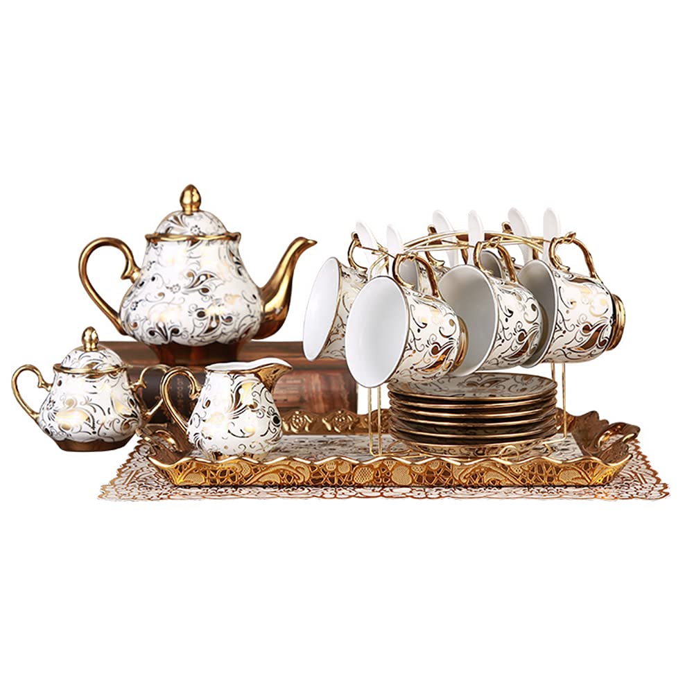 Luxury Bone China Coffee and Tea Set with Gold Trim - 6-Piece European Style Ceramic Teapot Set Includes Cups, Saucers, Sugar Bowl, Creamer, Spoons & Tray - Perfect for Afternoon Tea, Bridal Showers and Elegant Home Entertaining