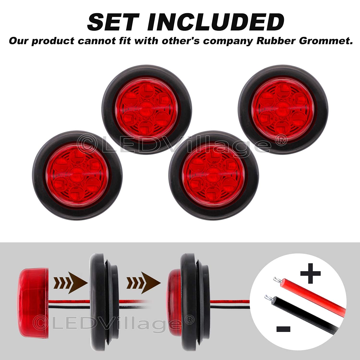 4 Pack 2 Inch Red Round LED Clearance Marker Lights - 24V DC Flush Mount with Black Grommets for Pickup Trucks & Trailers - Perfect for Side Marker, Safety Lighting, and Vehicle Visibility Enhancement