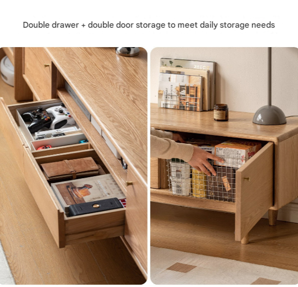 Solid Oak Wood Scandinavian TV Stand with Storage - Modern Living Room Entertainment Center for TV, Gaming & Media Storage