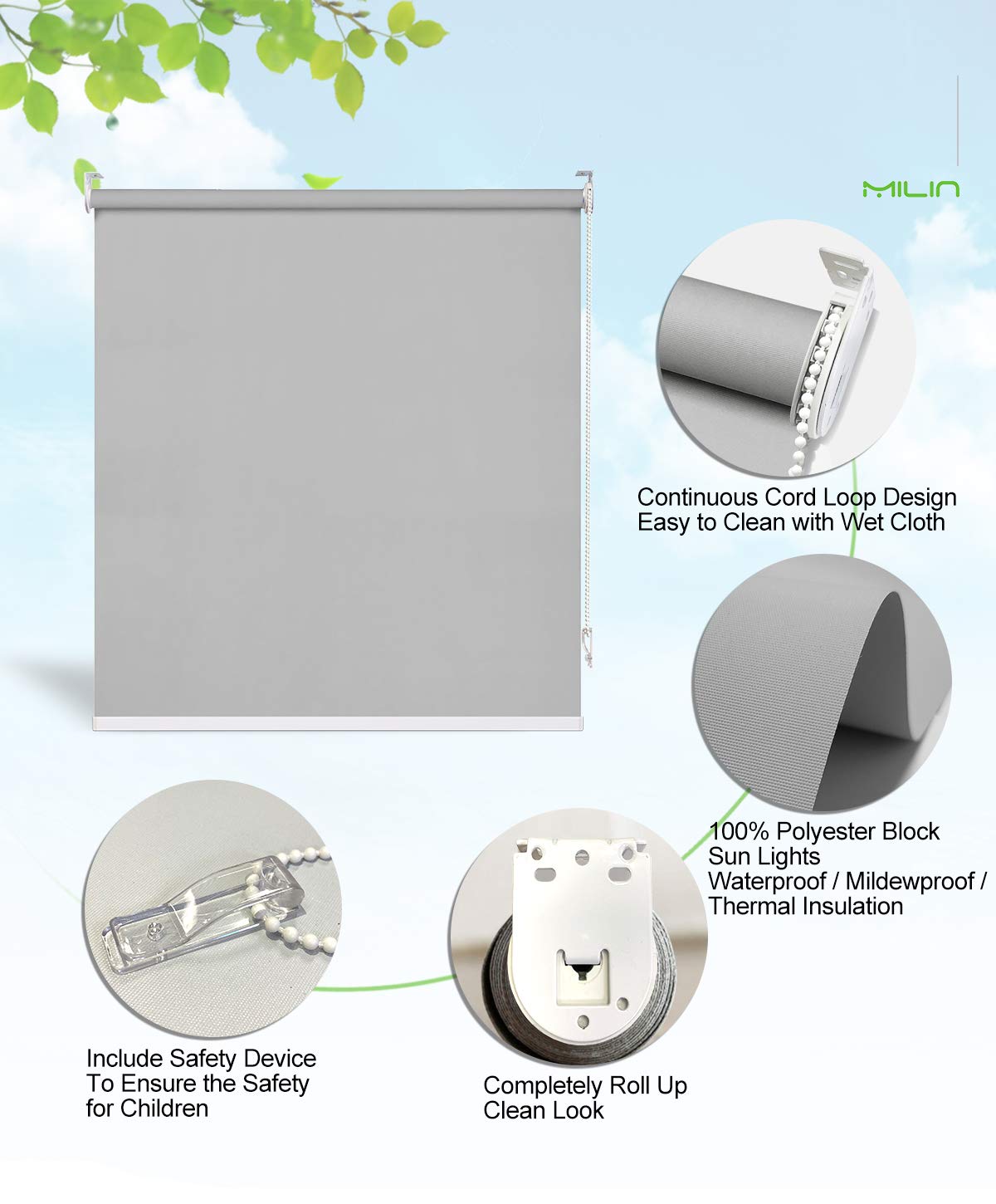 MiLin 100% Blackout Roller Shades - Custom Size Window Blinds for Home & Office | Light Gray 38