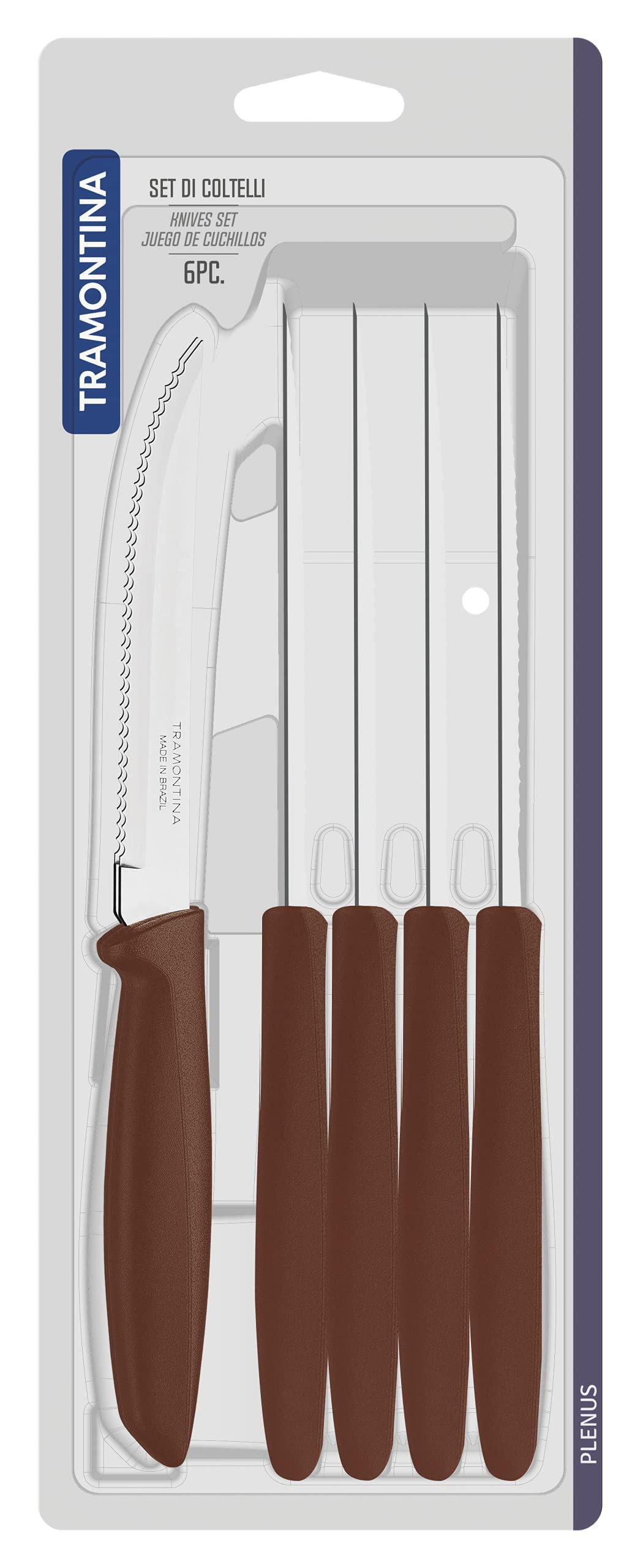 Tramontina 6-Piece Kitchen Knife Set - Stainless Steel Serrated Fruit & Tomato Knife, Vegetable Chopper & Peeler - Multipurpose with Pointed Tip (Brown, Model 23498454) - Perfect for Home Cooking, Meal Prep & Professional Kitchens