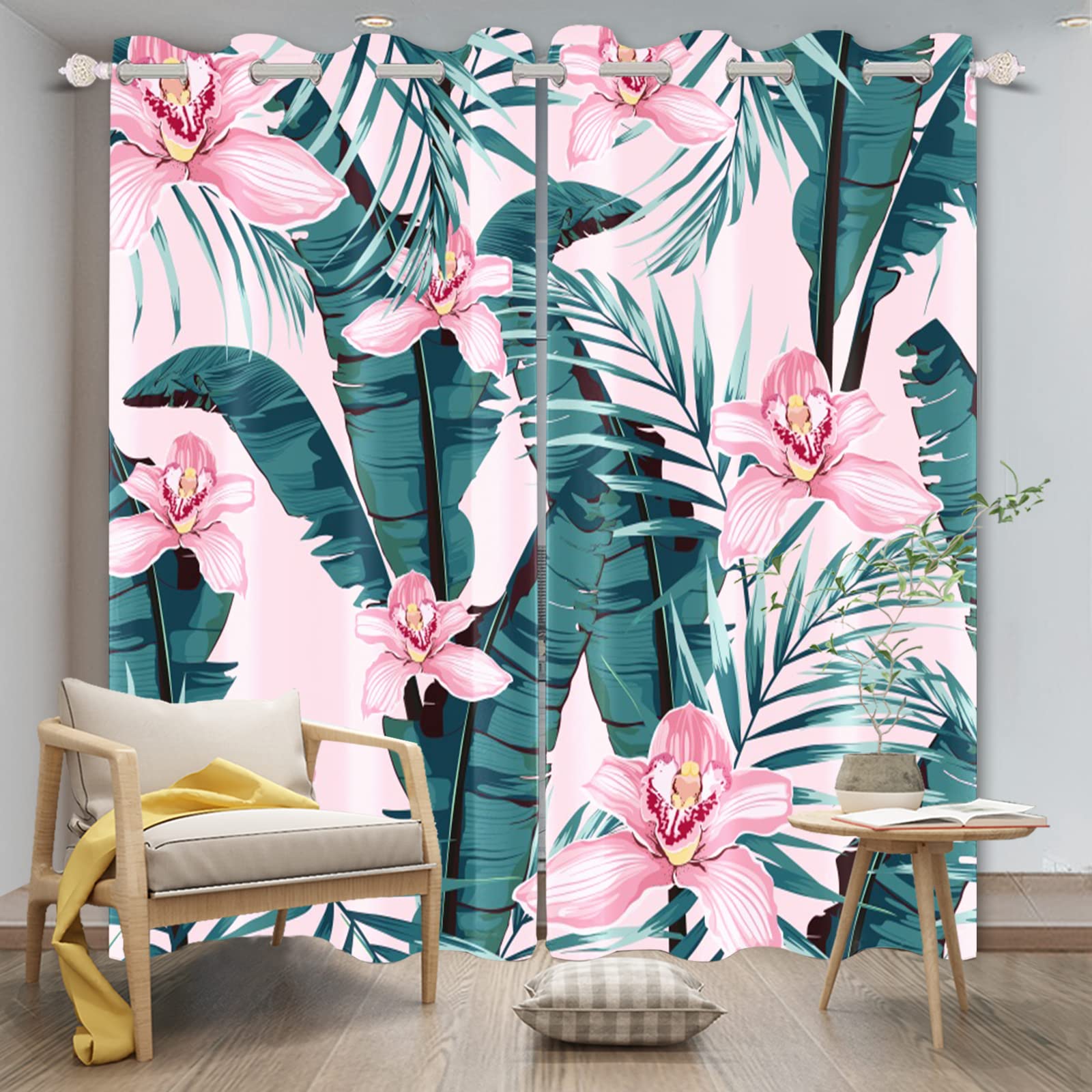 Banana Leaf Window Curtains - Tropical Pink Floral Palm Leaf Blackout Drapes for Kitchen, Living Room, Bedroom & Hotel Decor (53x63 Inch, 2 Panels) | Perfect for Beach House, Boho Chic & Tropical Themed Interiors