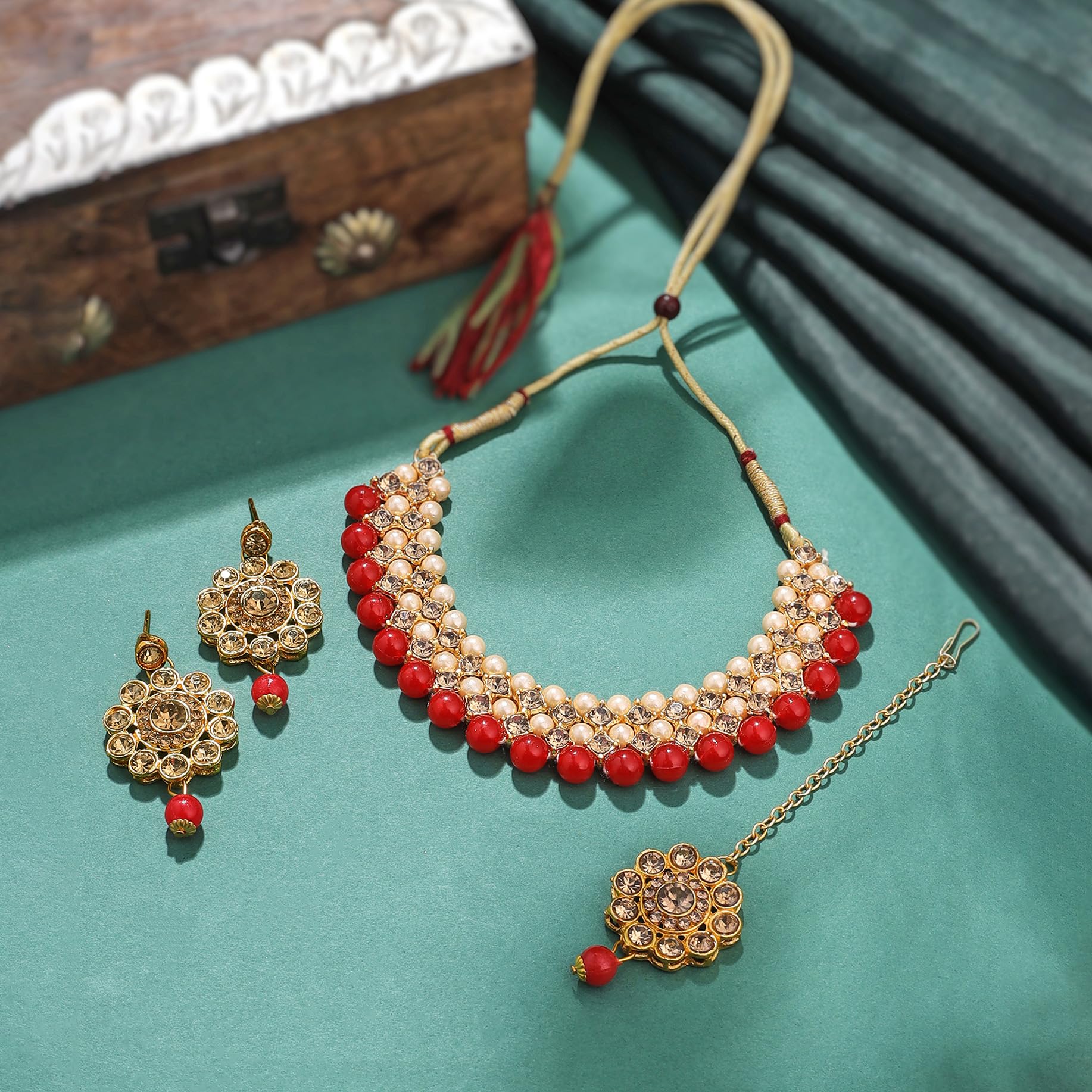 Yellow Chimes Jewelry Set for Women | Traditional Red Kundan Beads Choker Necklace Set | Gold Plated Ethnic Choker | Birthday & Anniversary Gift for Wife | Perfect for Weddings, Parties & Special Occasions