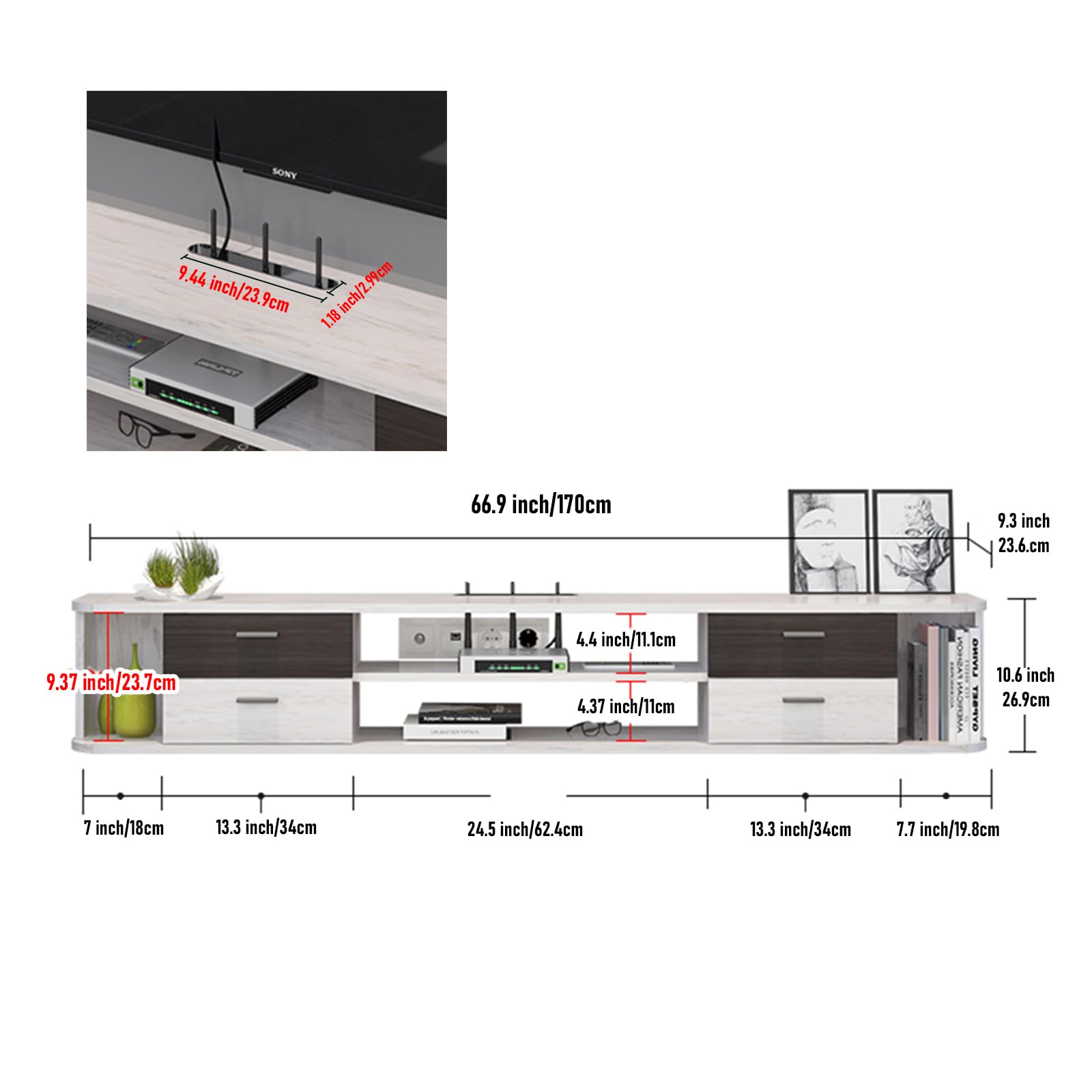 Pmnianhua 66'' Floating TV Stand with 4 Drawers - Wall Mounted Media Console & Entertainment Shelf Under TV - Modern TV Cabinet with Storage for Bedroom & Living Room (Greyish-White) - Perfect for Small Spaces & Home Theater Setup