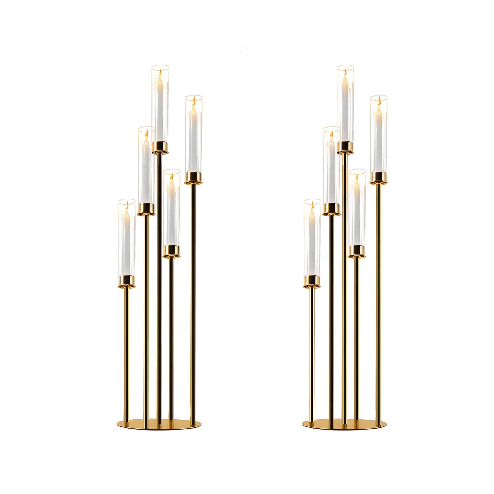5-Arm Gold Candelabra with Glass Cylinders for Real Candles - Elegant Metal Candle Holder for Wedding, Party, Home Decor & Centerpiece (Set of 2, Medium Size) - Perfect for Romantic Dinners, Holiday Decorations & Special Events