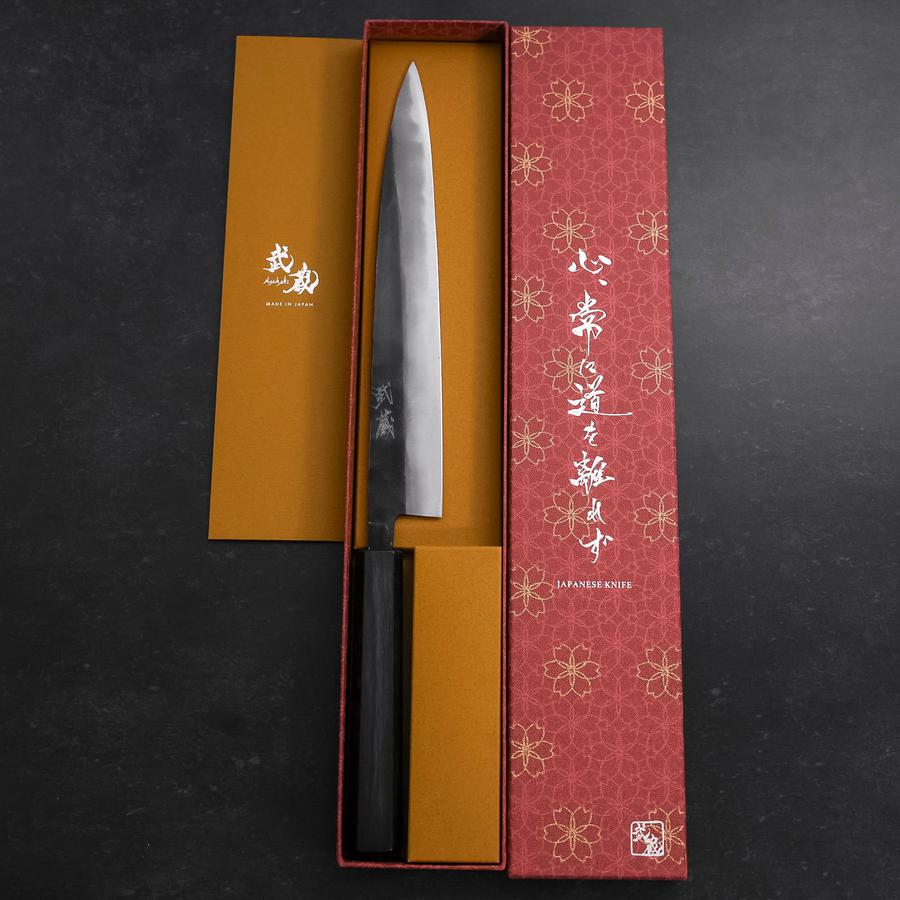 Premium Japanese Sujihiki Knife 240mm - Blue Steel #2 Kurouchi Finish with Dark Blue Urushi Handle - Perfect for Sushi, Sashimi & Meat Slicing