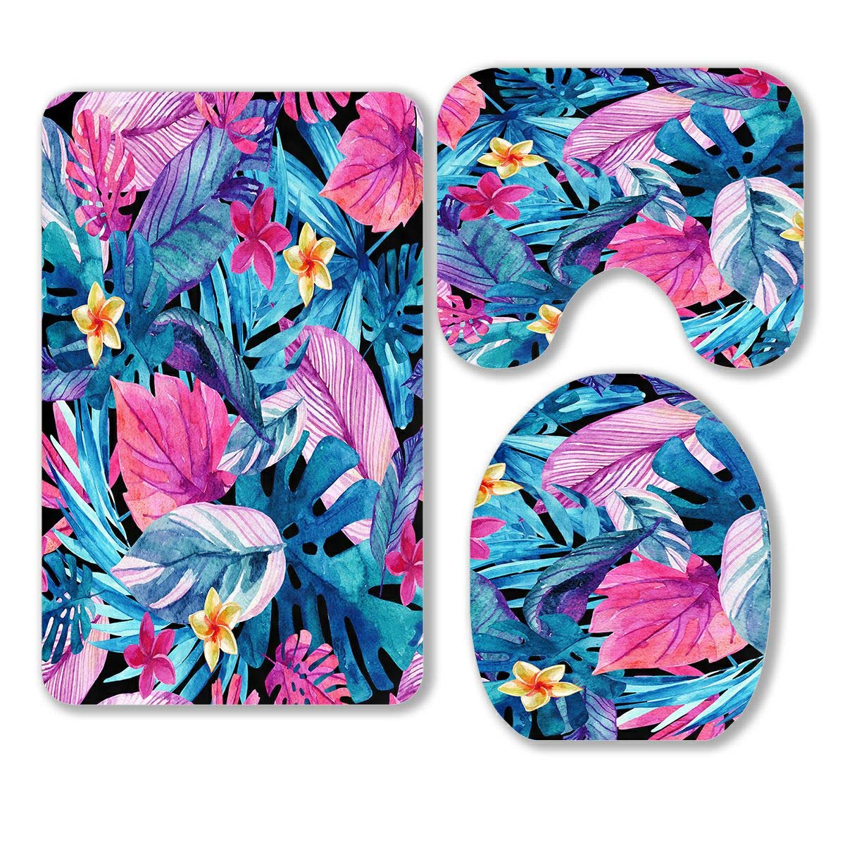 ABPHQTO Watercolor Exotic Leaves & Flowers Tropical Floral 3-Piece Bathroom Rug Set - Non-Slip Bath Mat, Contour Mat & Toilet Lid Cover - Perfect for Coastal, Bohemian & Tropical Bathroom Decor