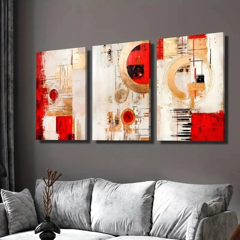 3-Piece Red Abstract Geometry Modern Wall Art Set - Framed Canvas 40x60cm (16x24in) - High Quality Print - 100% Australian Made - Ready to Hang - Perfect for Living Room, Bedroom & Office Decor