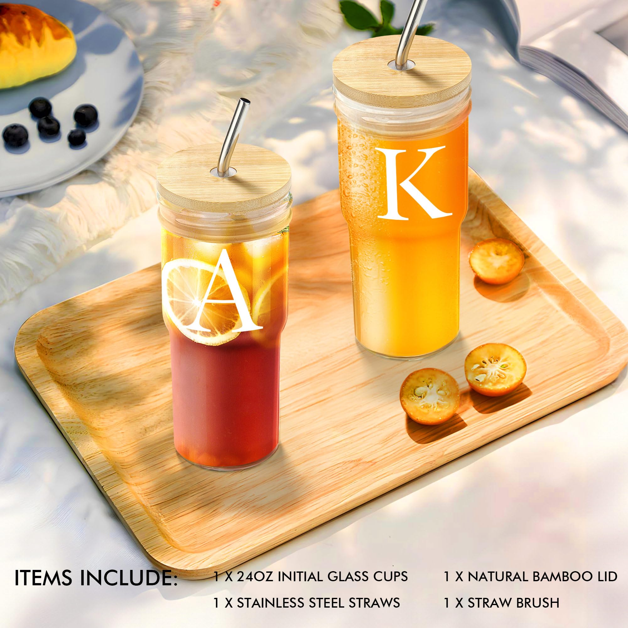 Personalized 24oz Glass Coffee Cups with Lids & Straws - Custom Initial Iced Coffee Tumblers, Reusable Cold Drink Cups for Women - Perfect Birthday Gift for Coffee Lovers, Office Use & Summer Beverages