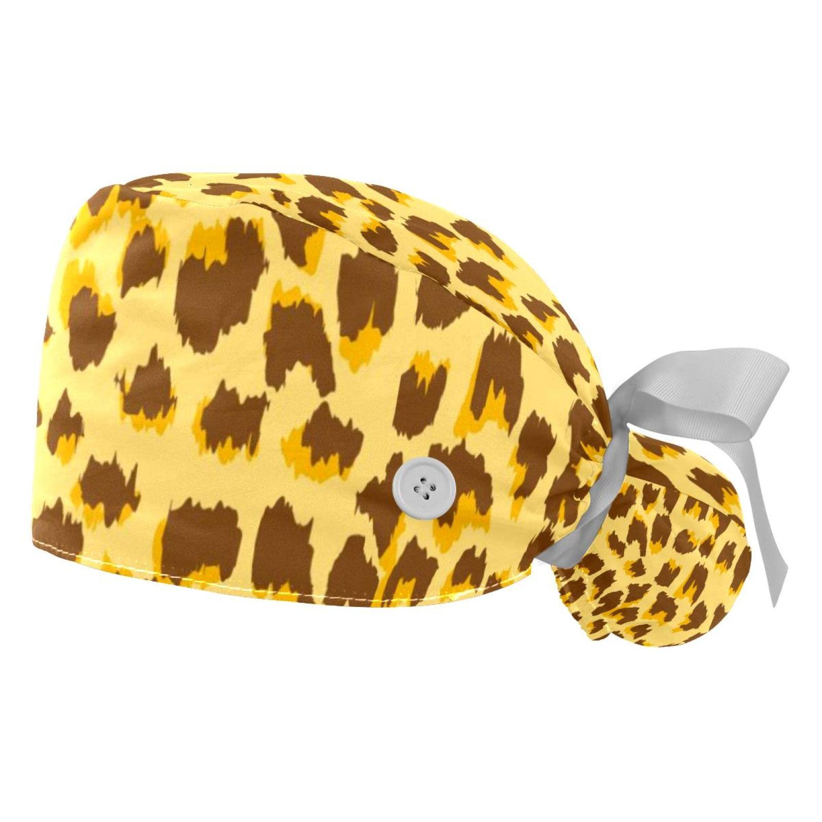Leopard Print Blue Scrub Hats for Women & Men - 2 Pack Long Hair Surgical Caps with Button & Sweatband - Unisex Tie Back Medical Hats for Nurses, Doctors & Healthcare Workers - Perfect for Hospitals, Clinics & Medical Work Environments