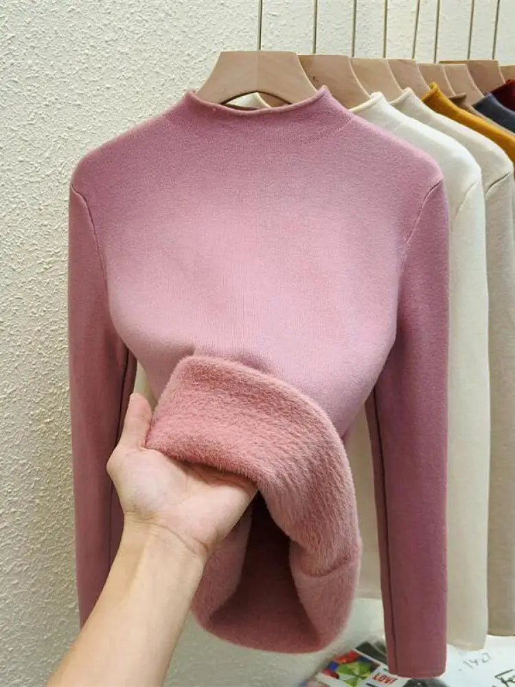 Women's Solid Half High Neck Velvet Sweater - Korean Fashion Warm Knitwear Long Sleeve Pullover Top for Autumn Winter | Cozy Casual Wear, Office Outfits & Holiday Layering
