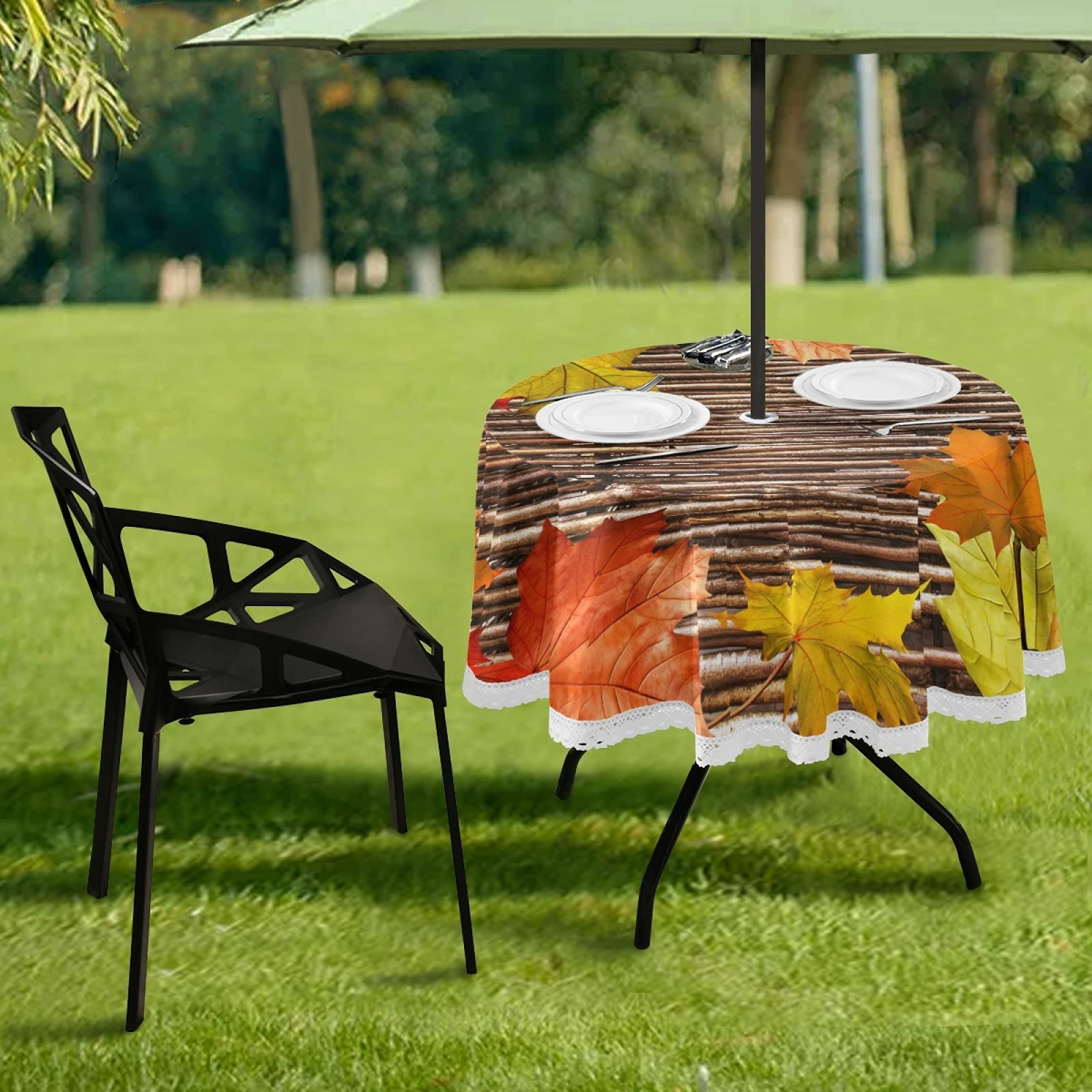 Autumn Red Orange Leaves Outdoor Tablecloth - 60 Inch Round Fall Maple Wood Texture Table Cover with Umbrella Hole & Zipper - Waterproof Patio Dining Cloth for Backyard BBQ, Picnic, Thanksgiving, and Outdoor Parties