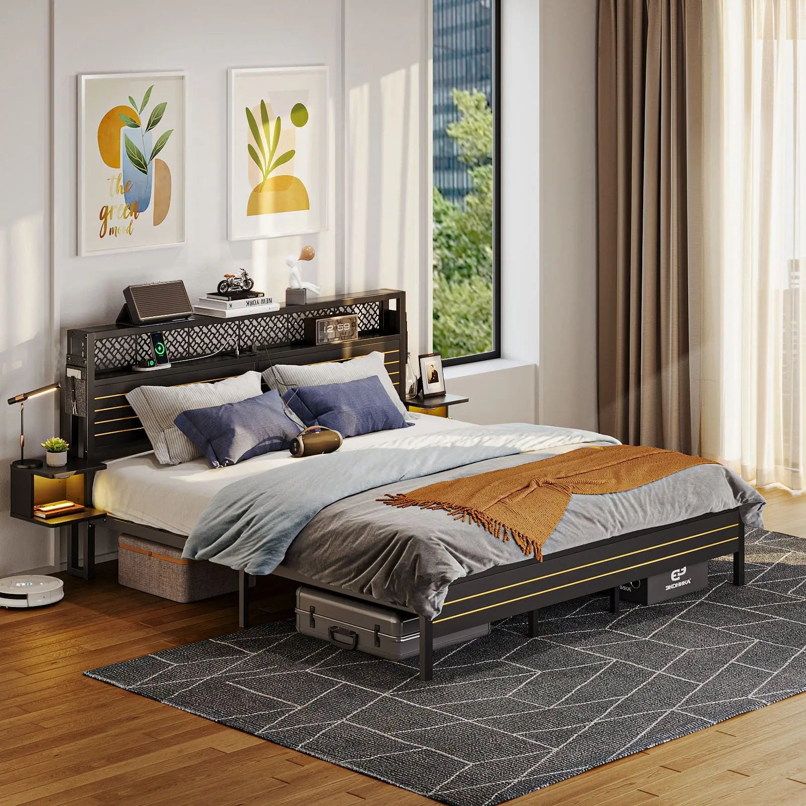 Bestier King Size Bed Frame with Horizontal Golden Stripe Storage Headboard - Modern Platform Bed with Underbed Storage Space - Perfect for Master Bedroom, Guest Room & Small Space Living