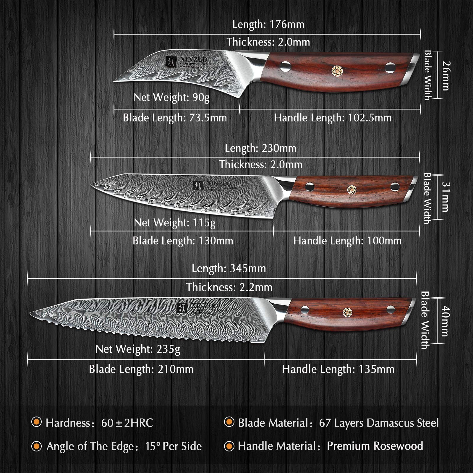 XINZUO 5-Piece Damascus Steel Knife Set - Professional Ultra Sharp Kitchen Knives with Natural Rosewood Handles - Perfect Chef Gift Box for Home Cooking & Professional Kitchens