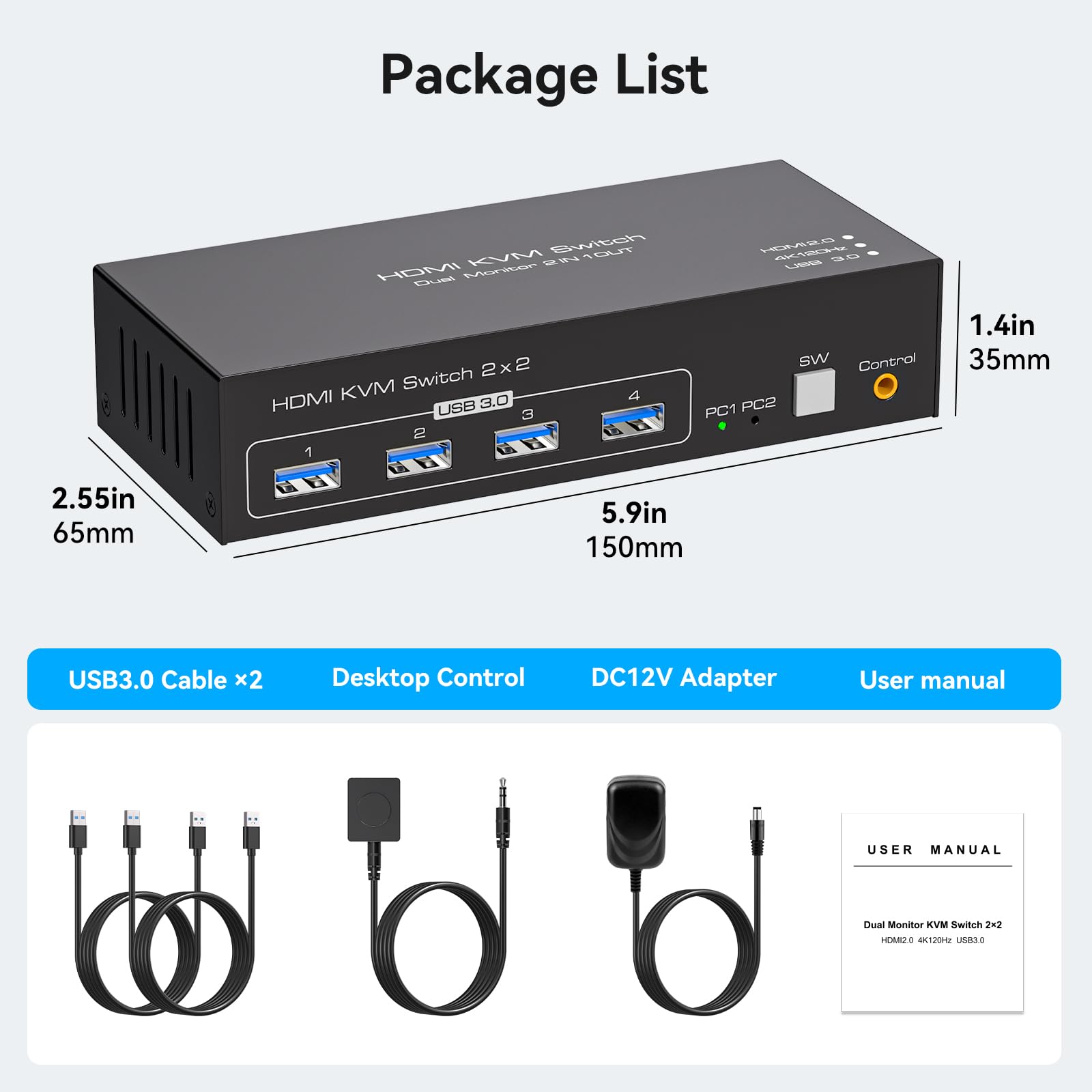 4K 120Hz HDMI KVM Switch for 2 Computers 2 Monitors - USB 3.0 Dual Monitor KVM Switch with 4 USB Ports, 12V/1A Power Adapter & Desktop Controller - Perfect for Home Office, Gaming & Multi-Tasking Workstations