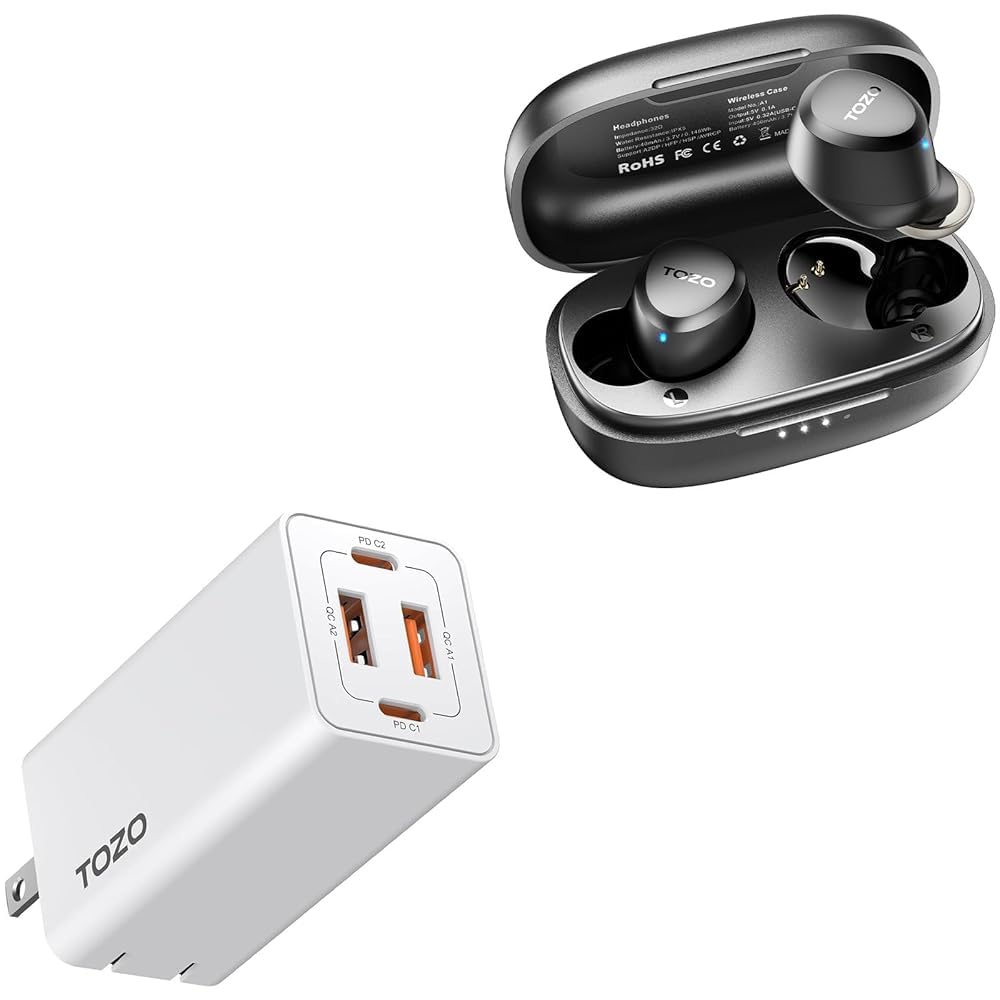 TOZO A1 Wireless Earbuds Bluetooth 5.3 with 65W Fast Charger - Sweatproof Sport Earbuds for Running, Gym & Workout | Hi-Fi Sound for Music & Calls | Long Battery Life for Travel & Commuting