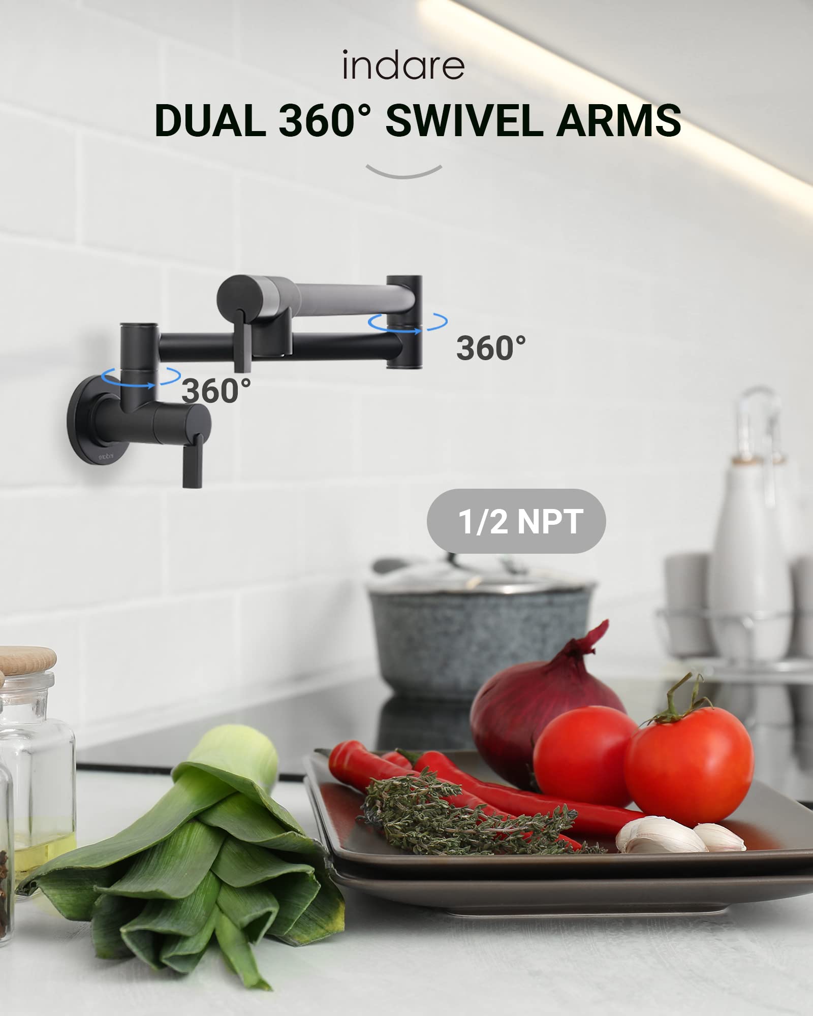 Premium Brass Wall Mount Pot Filler Faucet with Double Joint Swing Arms - Folding Kitchen Faucet for Easy Pot Filling - Ideal for Home Chefs & Busy Kitchens