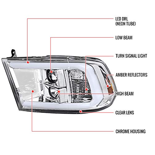 Clear Lens Chrome Bezel LED Light Bar Projector Headlights Compatible with RAM 1500 (2009-2018) & RAM 2500/3500 (2010-2018) - DRL Daytime Running Lights for Enhanced Visibility & Style