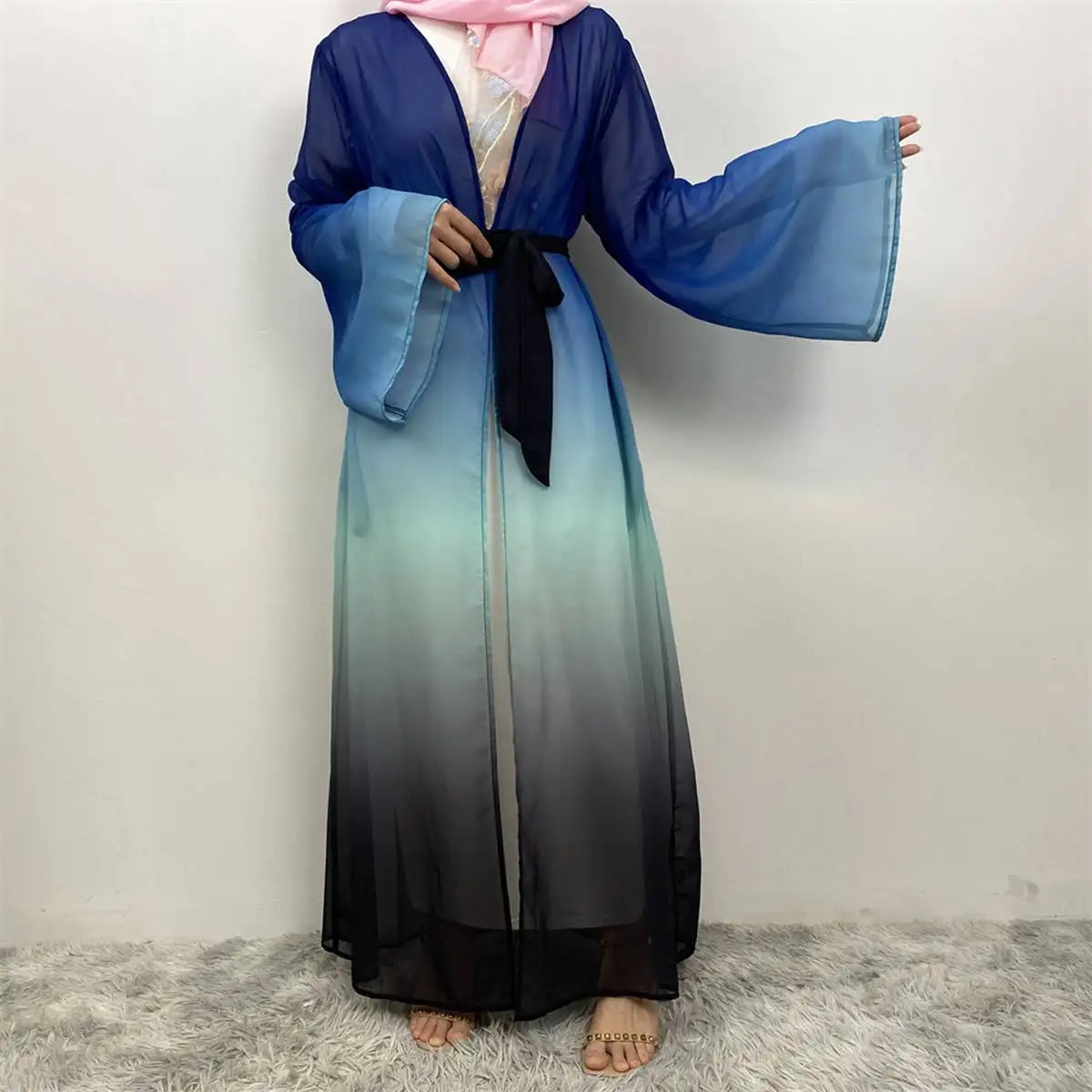 Gradient Color Chiffon Muslim Women's Cardigan Open Abaya Dress - Elegant Prayer Dress for Hijab Fashion & Special Occasions