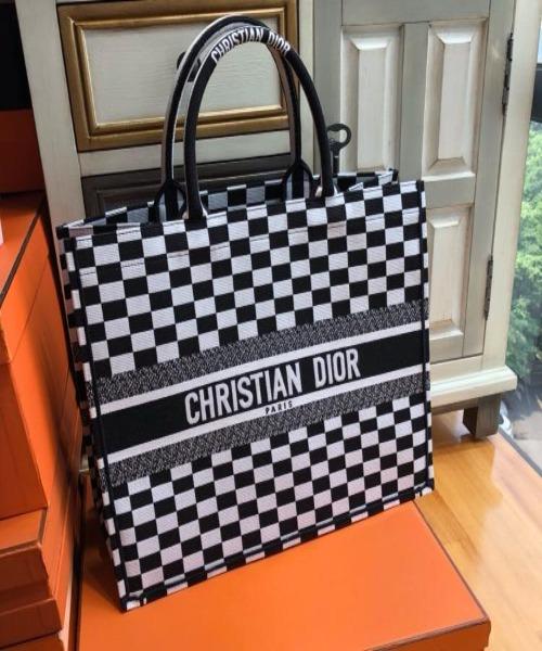 Dior Book Tote Bag - Black & White Checkered Canvas Luxury Handbag for Women | Perfect for Work, Travel & Everyday Use