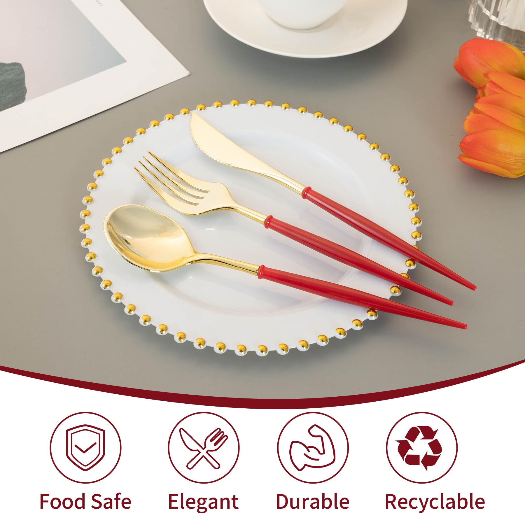 Premium 150-Piece Gold Plastic Cutlery Set - Heavy Duty Disposable Silverware with Burgundy Handle (50 Spoons, 50 Forks, 50 Knives) for Wedding Receptions, Birthday Parties, Catering Events & Elegant Dinner Gatherings