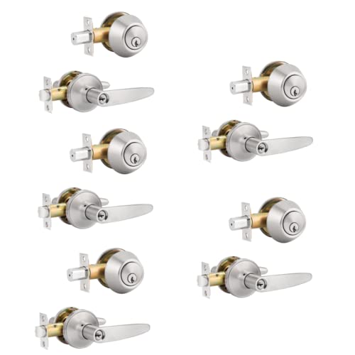 Probrico 5-Pack Brushed Satin Nickel Door Knob Handleset with Single Cylinder Deadbolt Combo - Keyed Alike Entry Door Lockset for Home, Office & Apartment Security