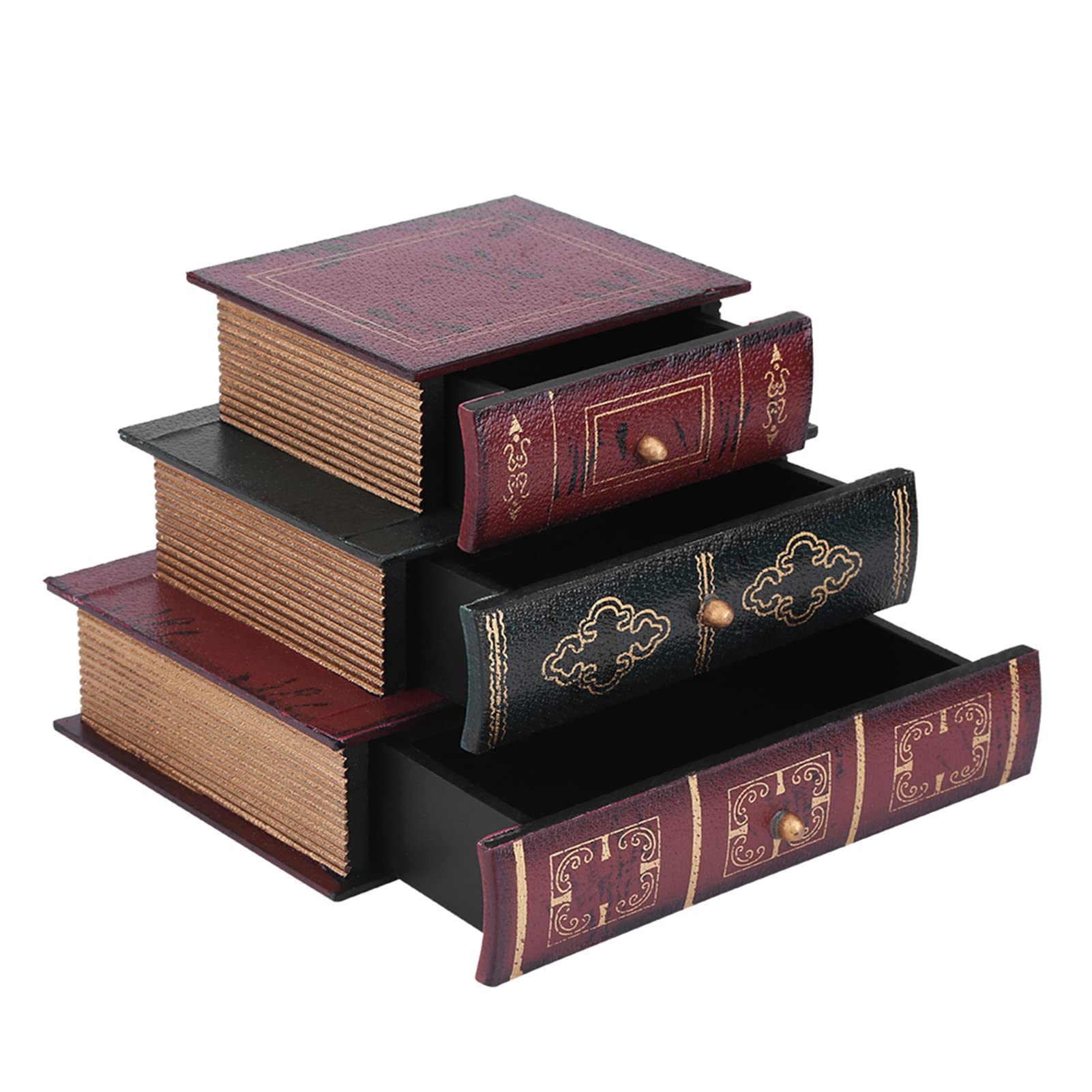 Vintage Jewelry Storage Box - Book-Shaped Desk Organizer with 3 Drawers, 21 x 15 x 14.5cm Fiberboard Jewelry Box for Rings, Necklaces & Earrings - Perfect for Bedroom, Vanity & Gift Giving
