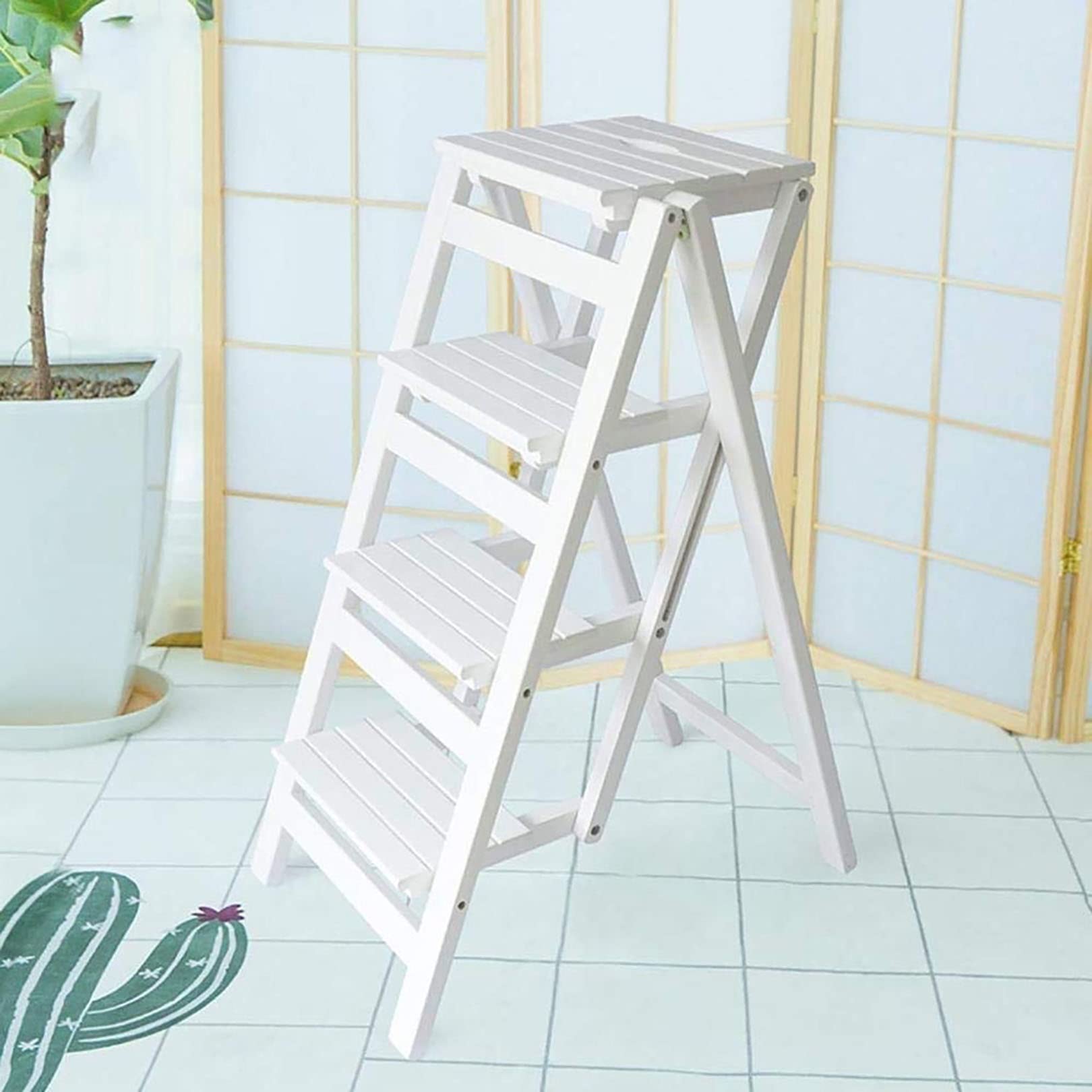 4-Tier Pine Wood Folding Step Stool - Multifunctional Ladder Stool for Library, Kitchen, Office, Flower Stand, Shoe Rack - Space Saving Home & Storage Solution