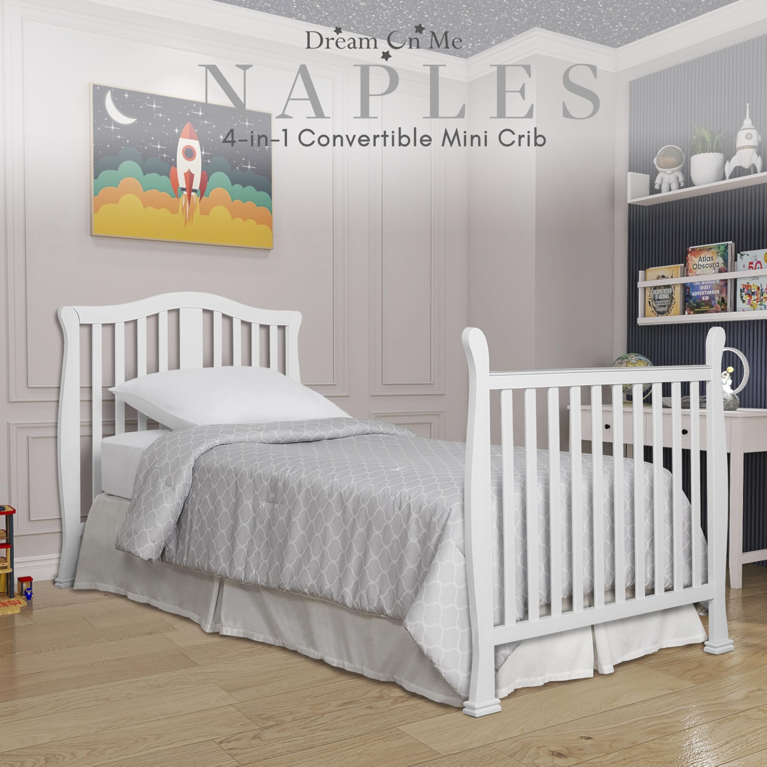 Dream On Me Addison 4-in-1 Convertible Mini Crib - White | GREENGUARD Gold Certified | Non-Toxic New Zealand Pinewood | Includes 1