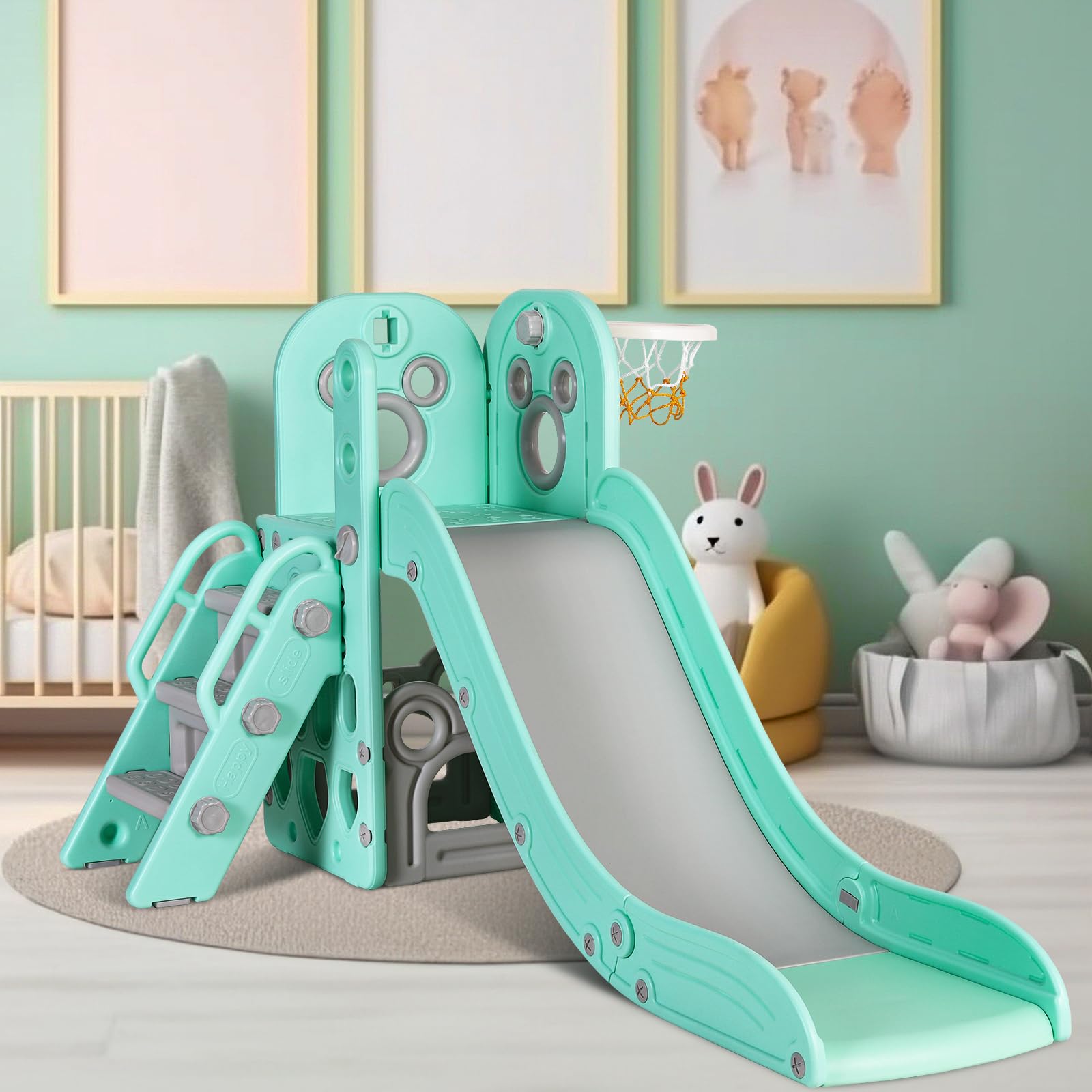 Arlopu 5-in-1 L-Shaped Kids Slide Climber Set with Basketball Hoop, Storage Space & Non-Slip Steps - Indoor/Outdoor Toddler Playset for Boys & Girls Ages 3+ (Light Green) | Perfect for Backyards, Playrooms & Birthday Gifts