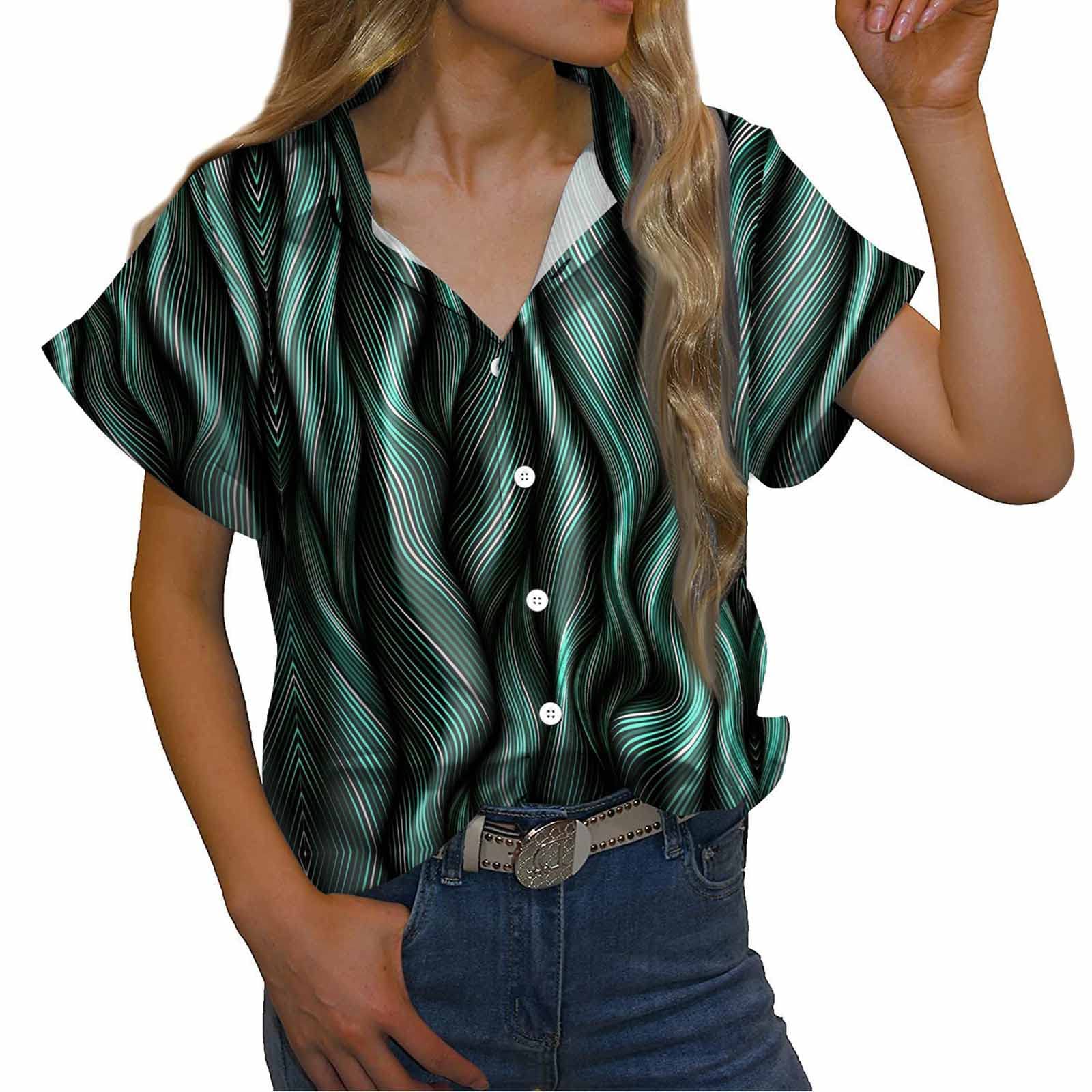 NaRHbrg Women's Striped Short Sleeve V-Neck Button Down Blouse - Casual Roll-Up Sleeve Collared Shirt for Work, Office & Summer Outfits