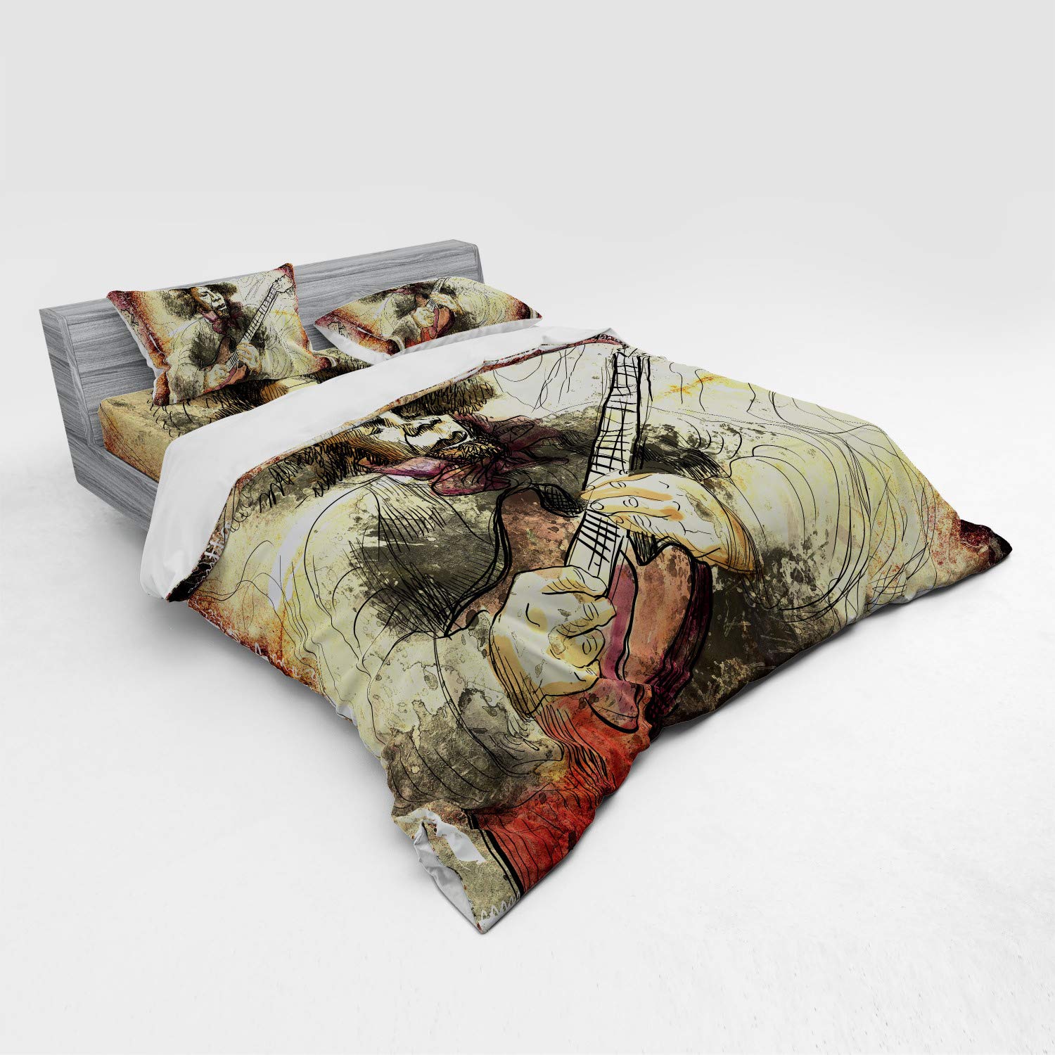 Ambesonne Jazz Music 4-Piece King Size Bedding Set - Hand Drawn Guitar Player Illustration Duvet Cover with Shams & Fitted Sheet, Brown Beige Black - Perfect for Music Lovers' Bedrooms & Jazz Themed Decor