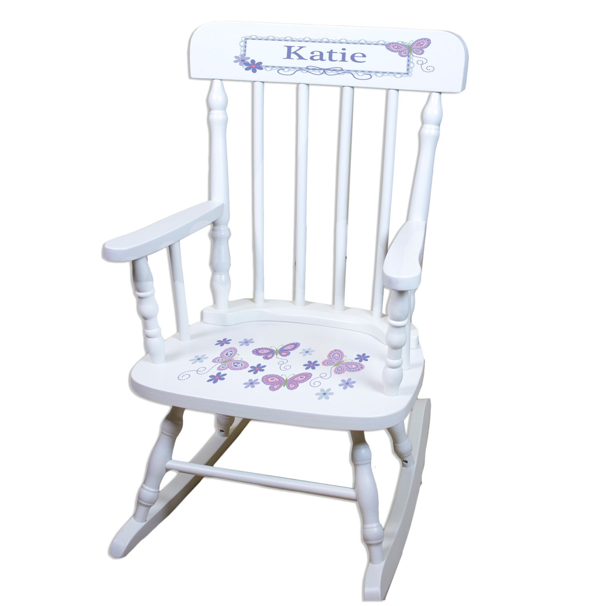 Personalized White Wood Rocking Chair for Baby Girls - Custom Toddler Gift with Lavender Butterfly Design - Perfect for Nursery Decor, First Birthday Present & Sweet Photoshoots