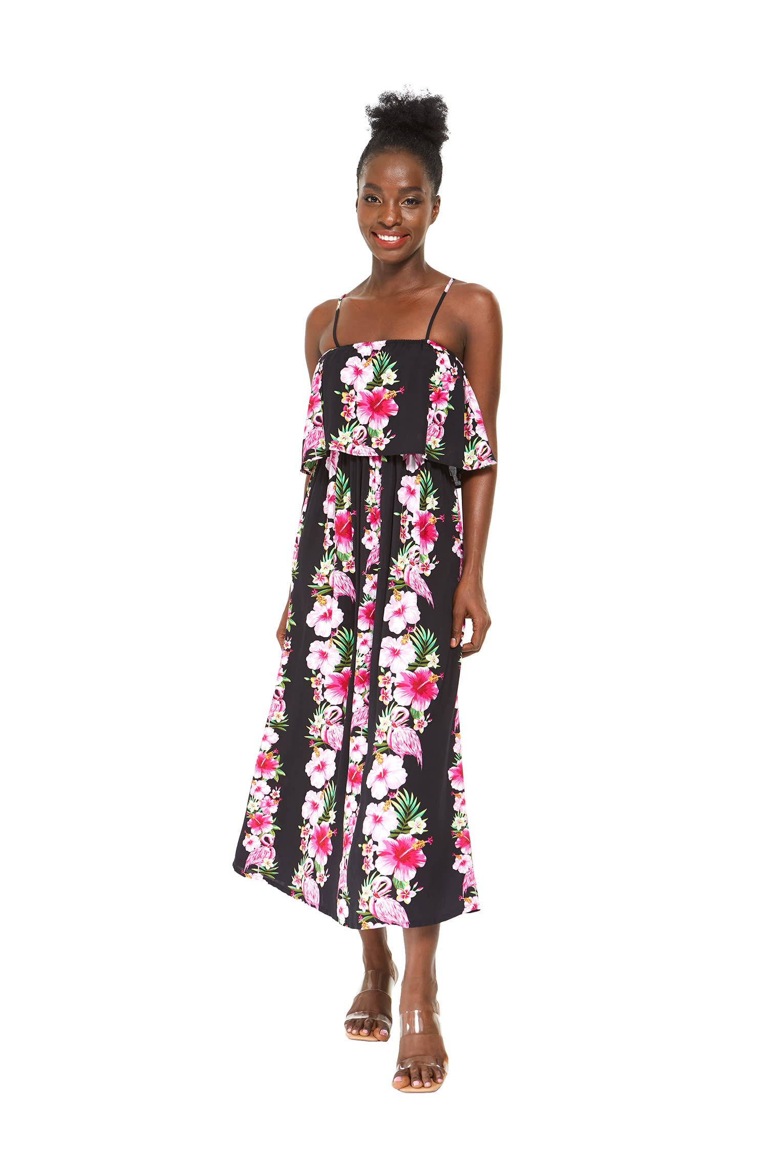 Women's Hawaiian Maxi Dress with Ruffle Hem - Pink Hibiscus Vine Print - Flowy Beach Luau Party Dress for Summer Vacation, Tropical Getaway, and Poolside Relaxation