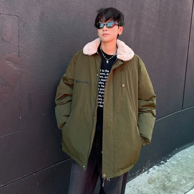 Men's American Style Padded Jacket - Lamb Wool Turn-Down Collar, Zipper Patchwork, Thickened Casual Coat for Winter (Tide 9C9279) | Perfect for Outdoor Activities, Daily Wear & Cold Weather Fashion
