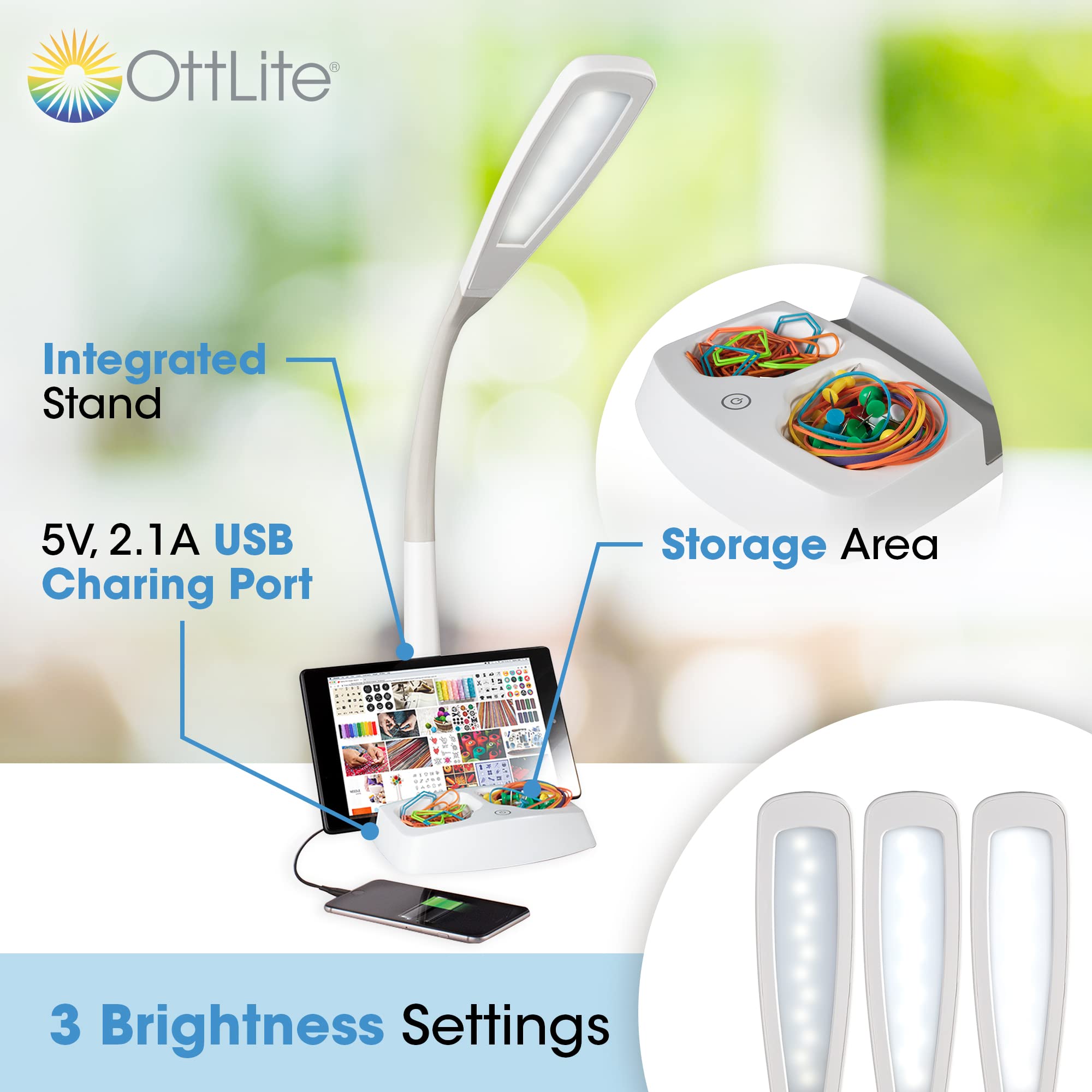 OttLite LED Desk Lamp with Tablet & Smartphone Holder - ClearSun LED Technology, Adjustable Neck, USB Charging Port & Storage Base - Perfect for Home Office, Online Tutorials, Crafting, Sewing & Remote Work