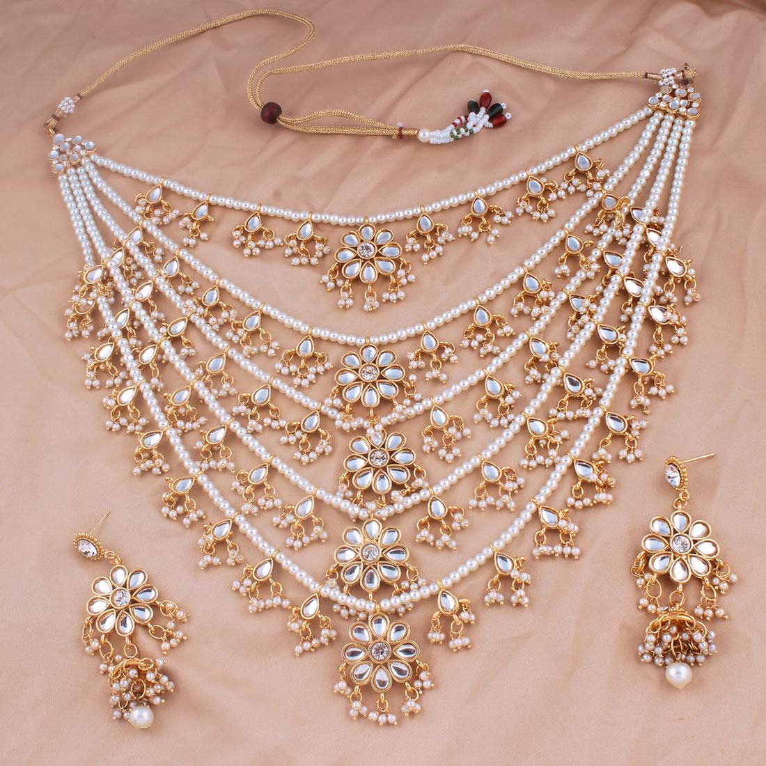 Elegant Aheli Multi-Layered Faux Pearl Beaded Kundan Necklace Set with Dangle Earrings | Indian Bollywood Style Jewelry for Women | Perfect for Weddings, Parties & Ethnic Fashion