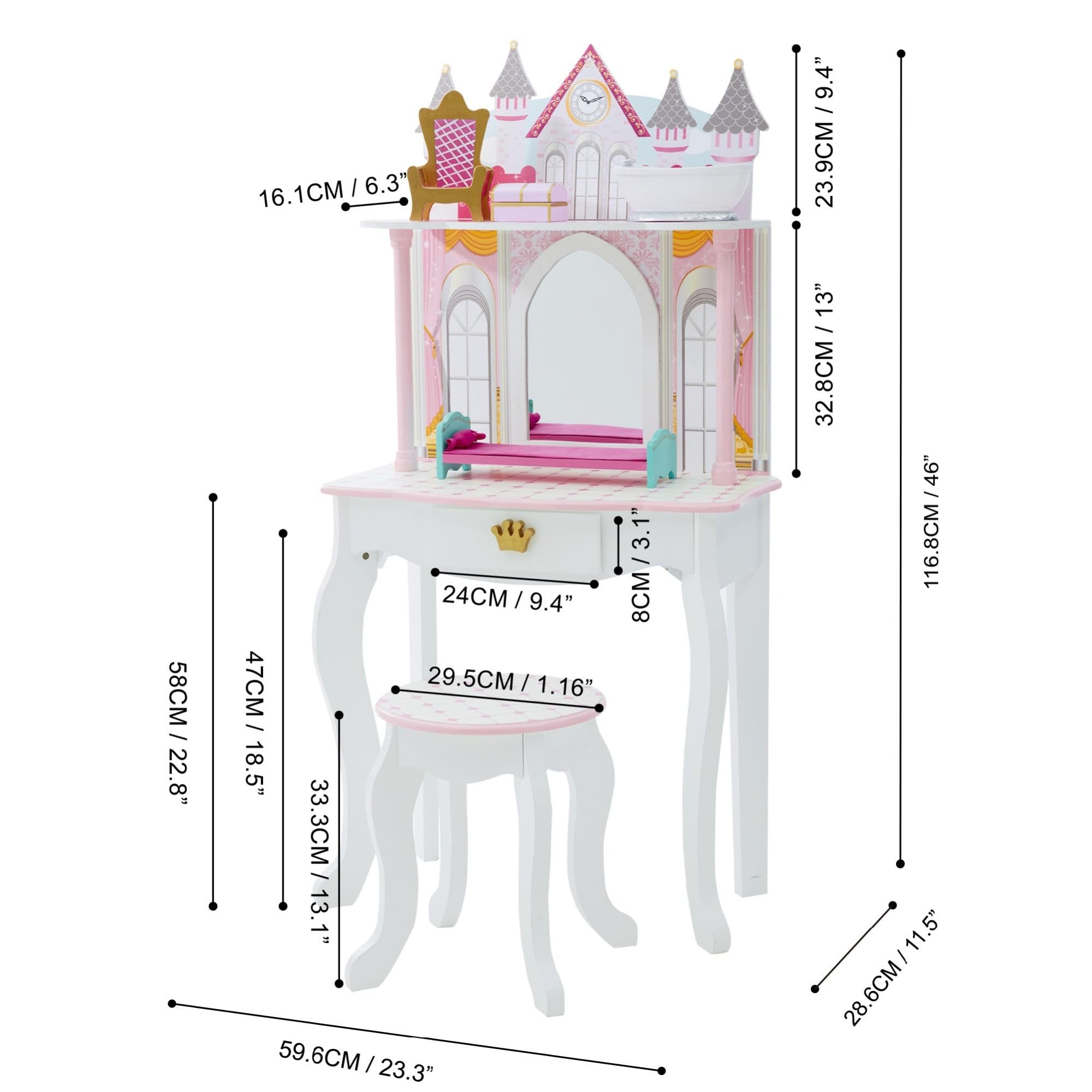 Teamson Kids Dreamland Princess Play Vanity Set with Mirror, Shelf, Storage Drawer & Stool - White & Pink Doll Furniture for 12