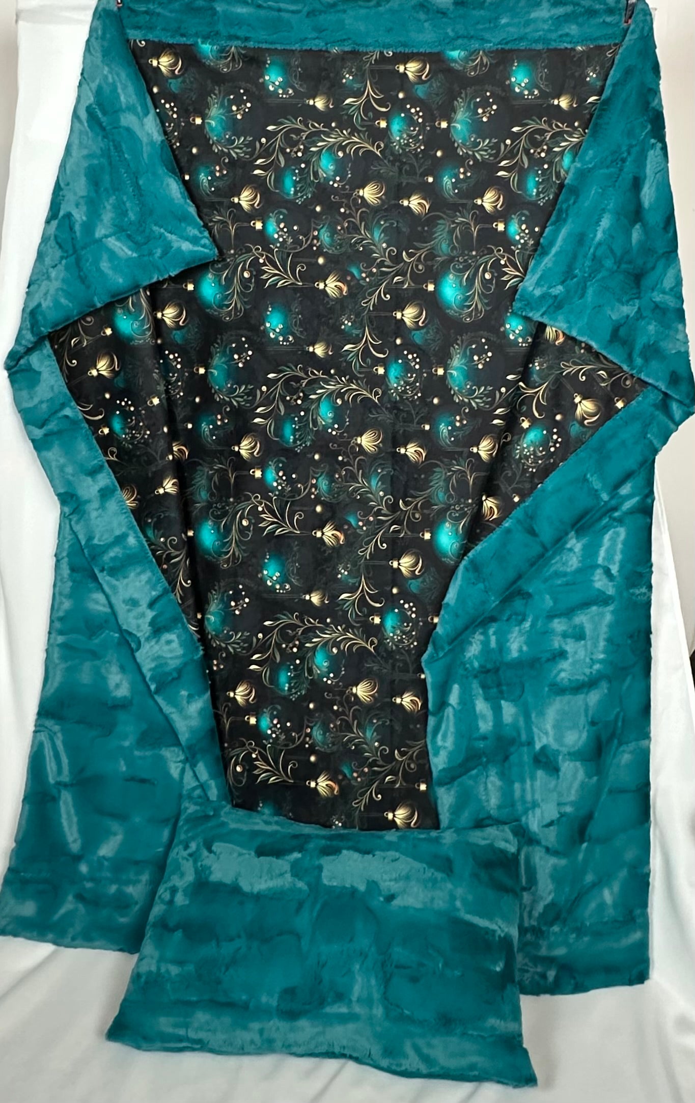 Teal and Gold Christmas Ornaments Wide Large 61x77 Minky Blanket with 15x24 Pillowcase - Soft Holiday Decor for Bedroom, Living Room & Cozy Gift