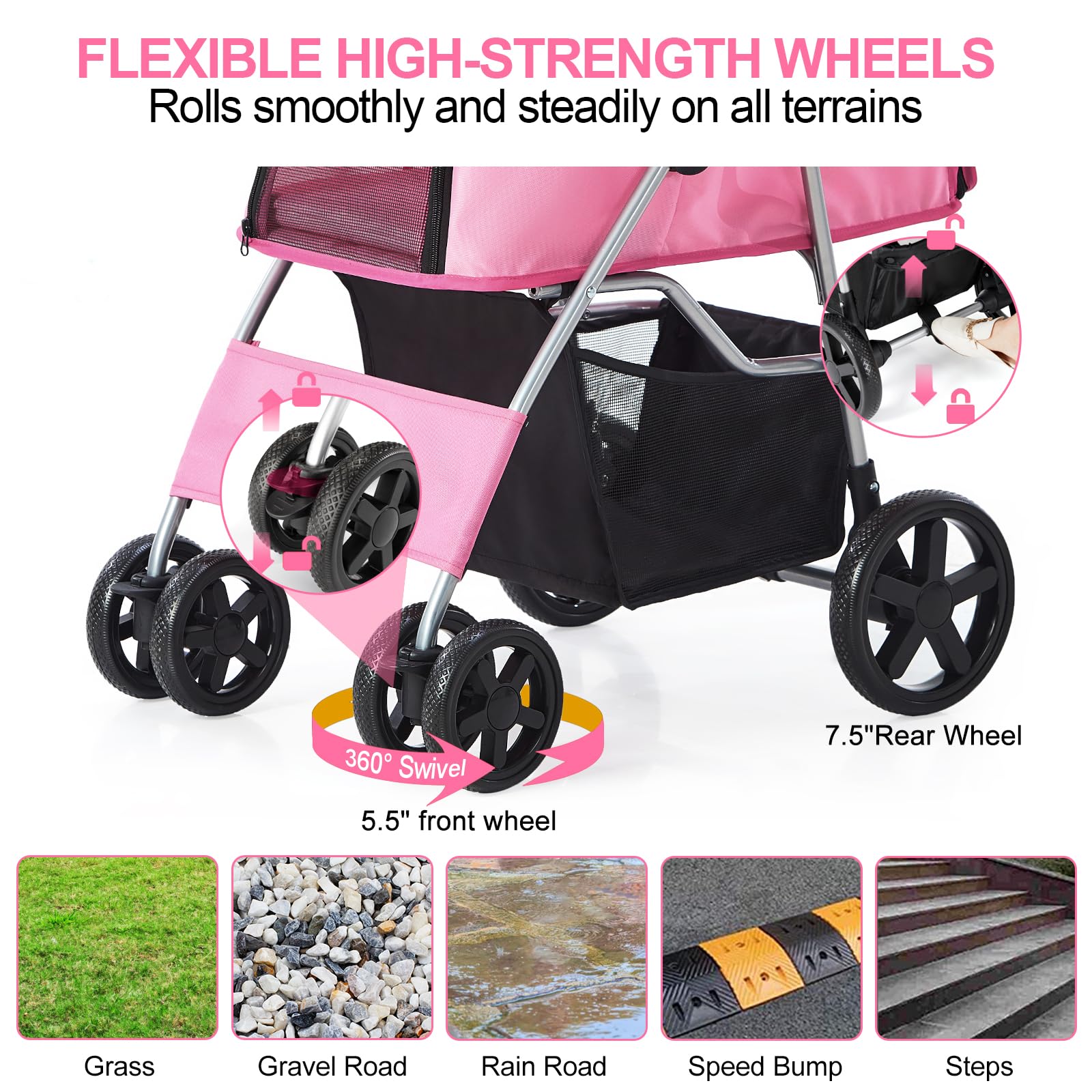 Foldable Lightweight Pet Stroller for Small & Medium Dogs & Cats - 4-Wheel Pink Dog Carrier with Storage Basket | Perfect for Park Walks, Vet Visits & Shopping Trips