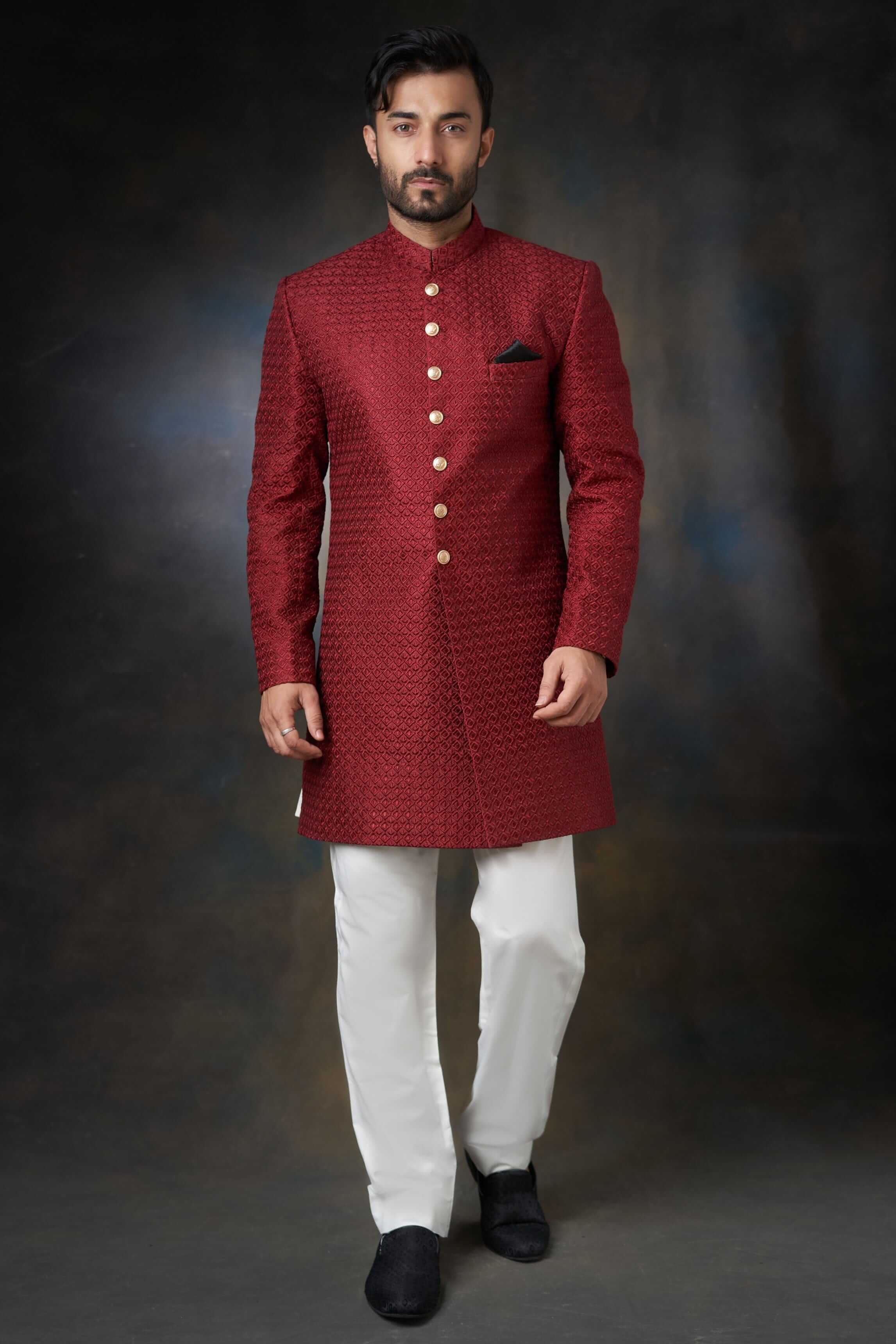 Deep Maroon Embroidered Sherwani for Men - Traditional Indian Wedding Attire & Festive Occasions