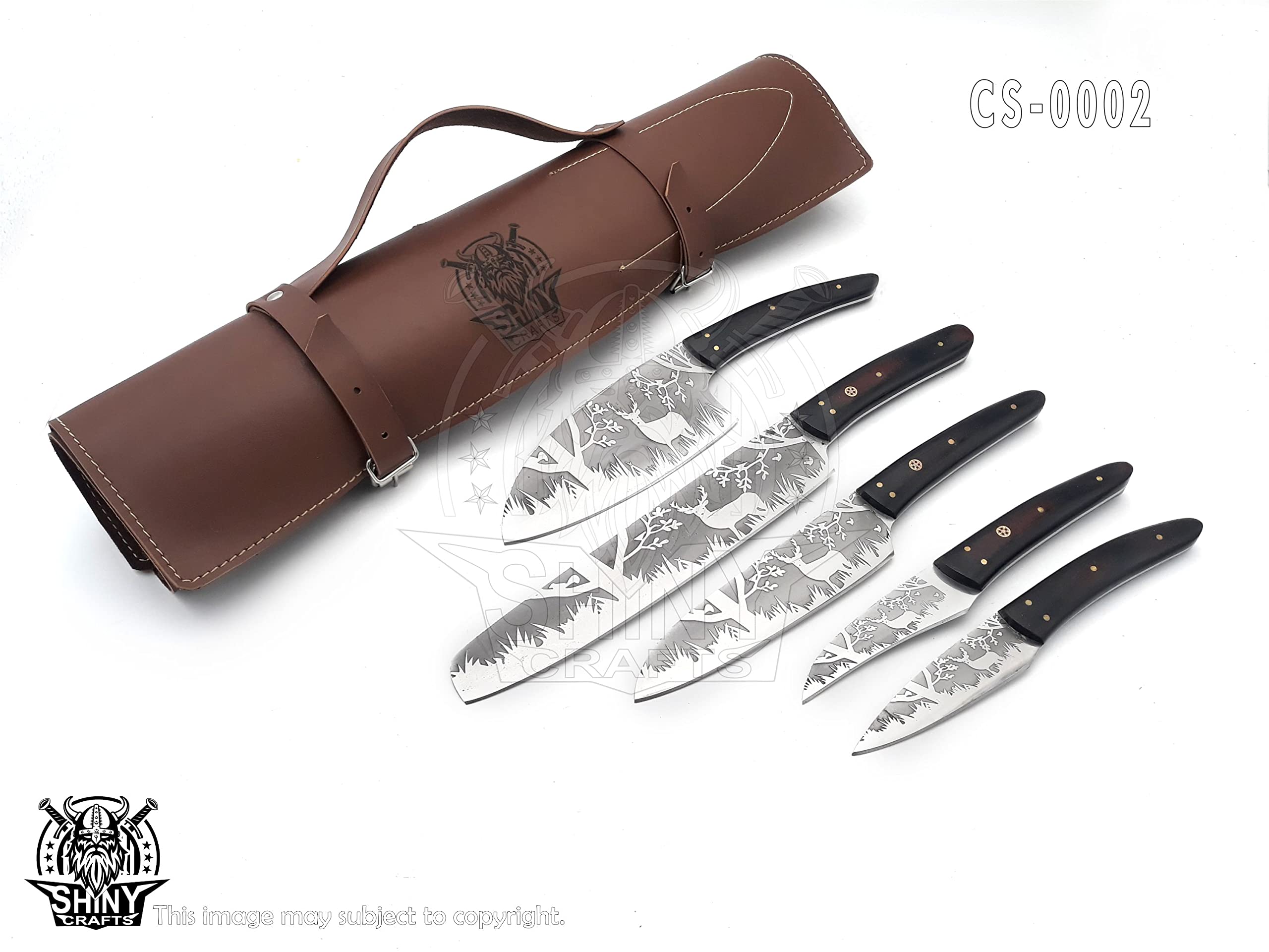 Premium Handmade Etched Forest Kitchen Knife Set - D2 Steel Blade, Wood Handle, Leather Pouch Roll - High Tempered Razor-Sharp Chef Knives for Professional Cooking & Outdoor Camping (CS-02)