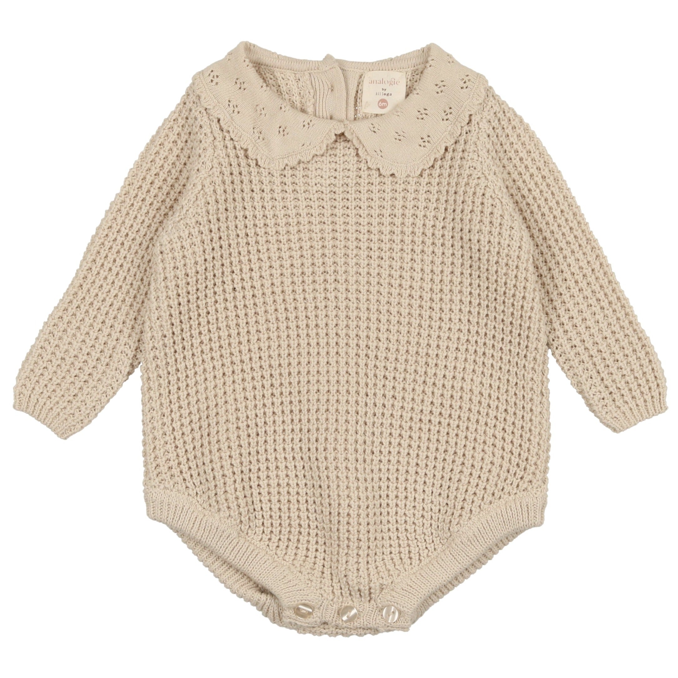 Lil Legs Natural Pointelle Collar Knit Romper for Baby Girls - Soft Organic Cotton Jumpsuit with Ruffled Sleeves - Perfect for Newborn Photography, Christening Outfits & Special Occasions
