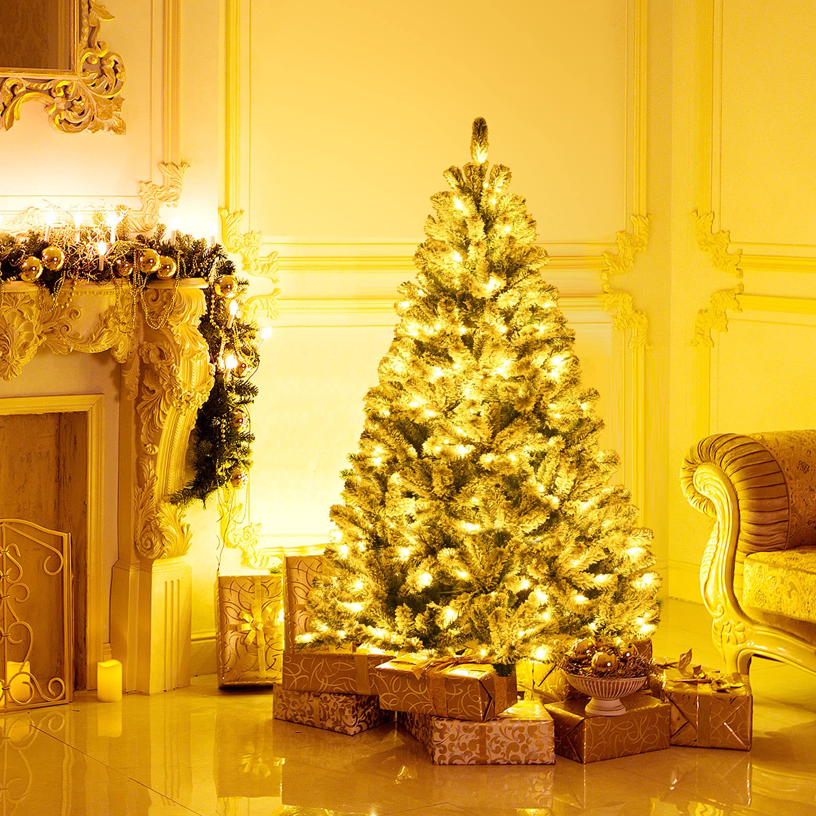 GOFLAME 6FT Pre-lit Artificial Christmas Tree with 250 Warm White LED Lights - Snow Flocked Full Xmas Tree with 928 Branch Tips & Foldable Stand - Perfect for Holiday Indoor Decor in Living Room, Office, and Party Settings